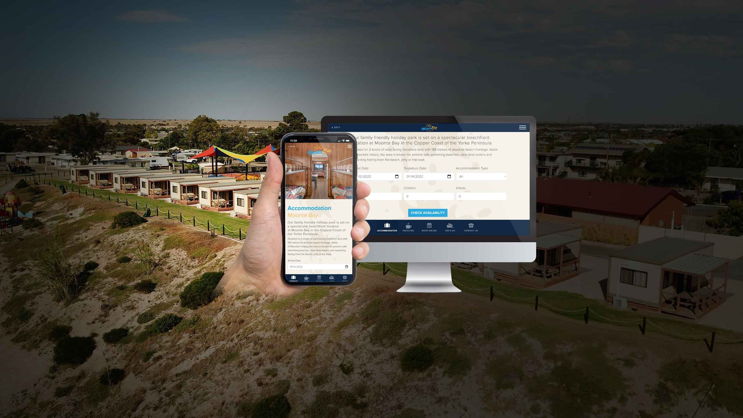 Moonta Bay Holiday Park accommodation page on desktop and smartphone over an aerial photo of the holiday park