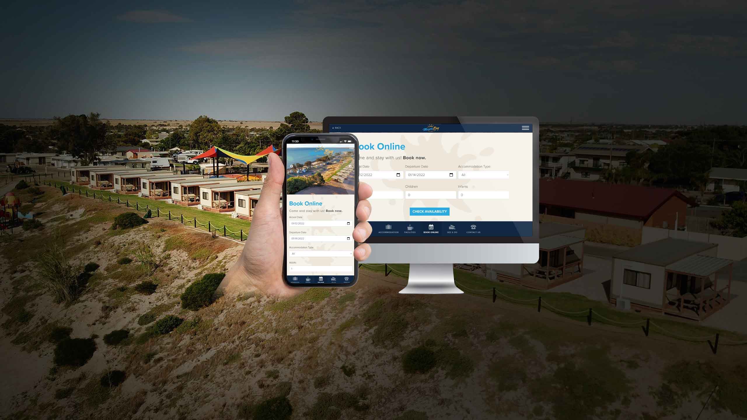 Moonta Bay Holiday Park booking page on desktop and smartphone over an aerial photo of the holiday park