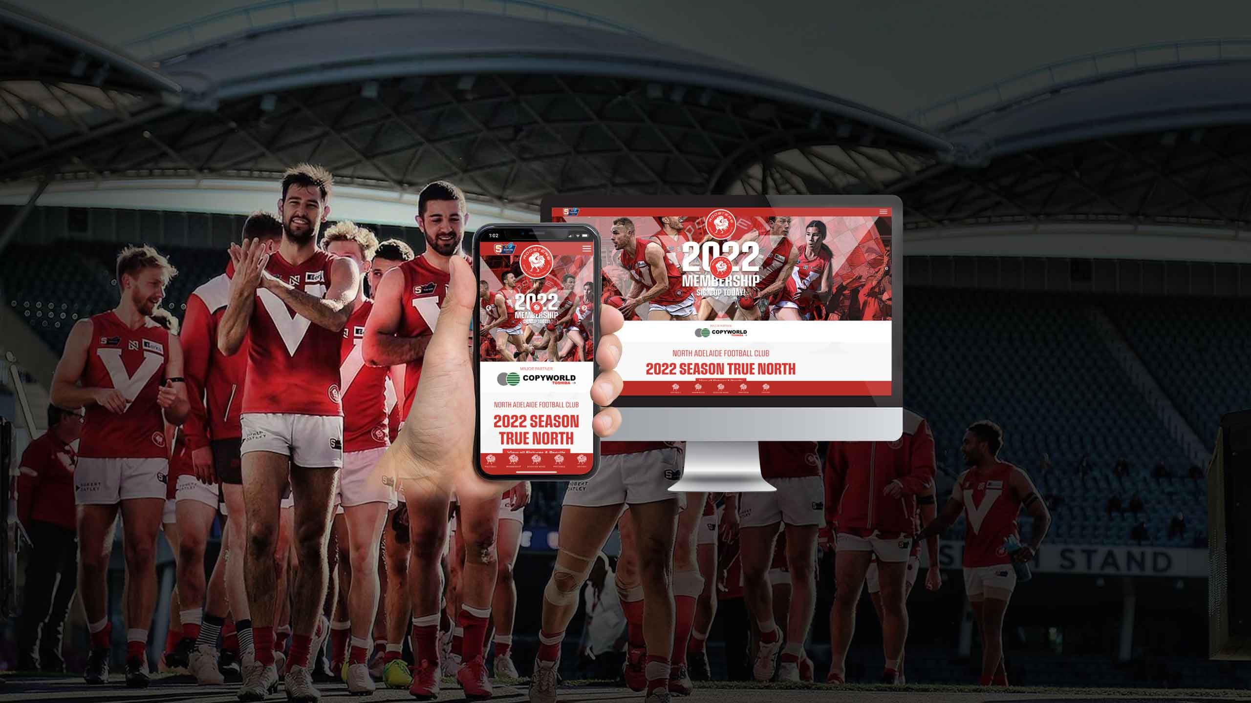 North Adelaide Football Club website homepage on desktop and mobile, with players walking onto the oval