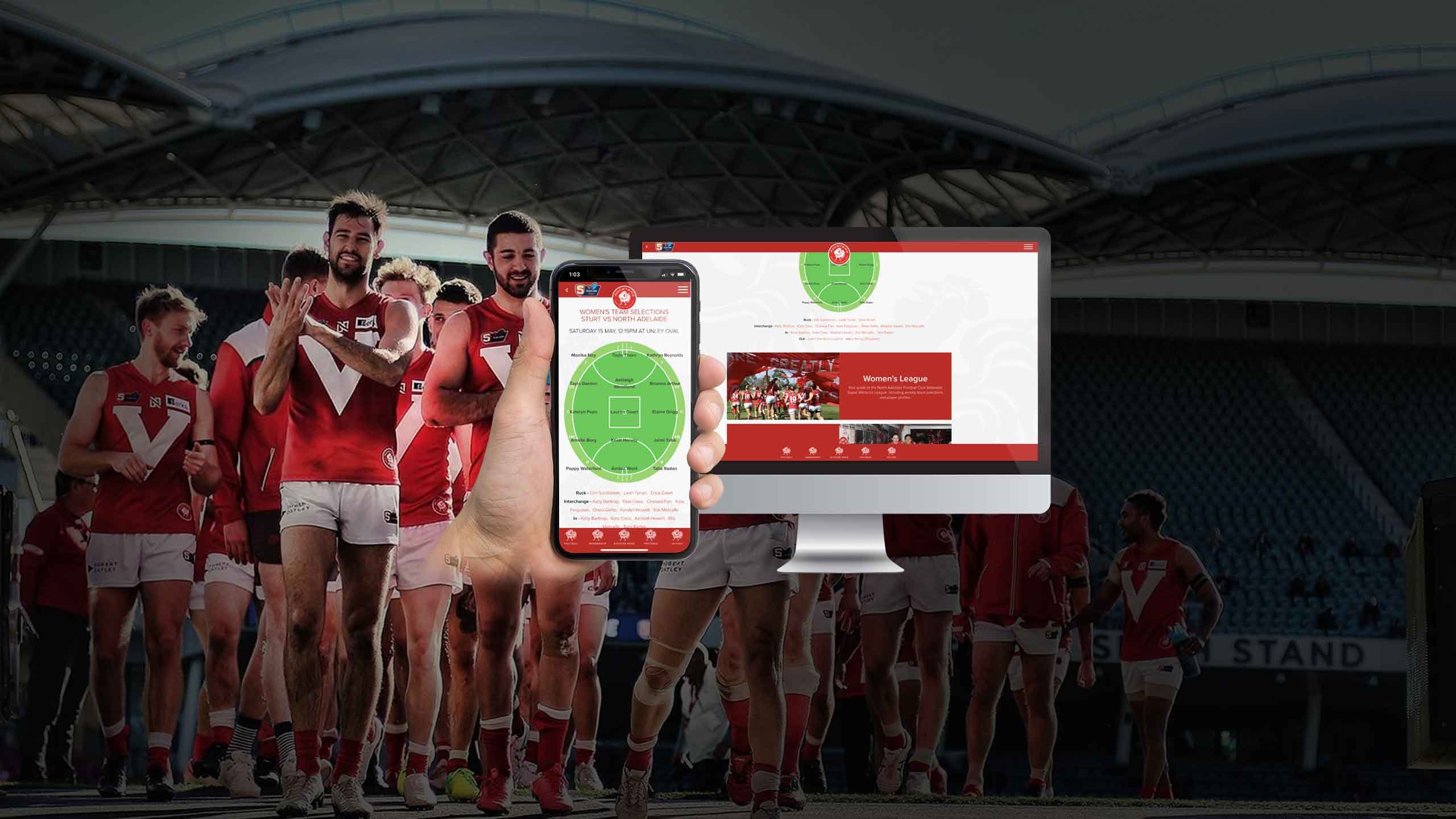 North Adelaide Football Club website's Women's League page on desktop and mobile, players walking onto the oval
