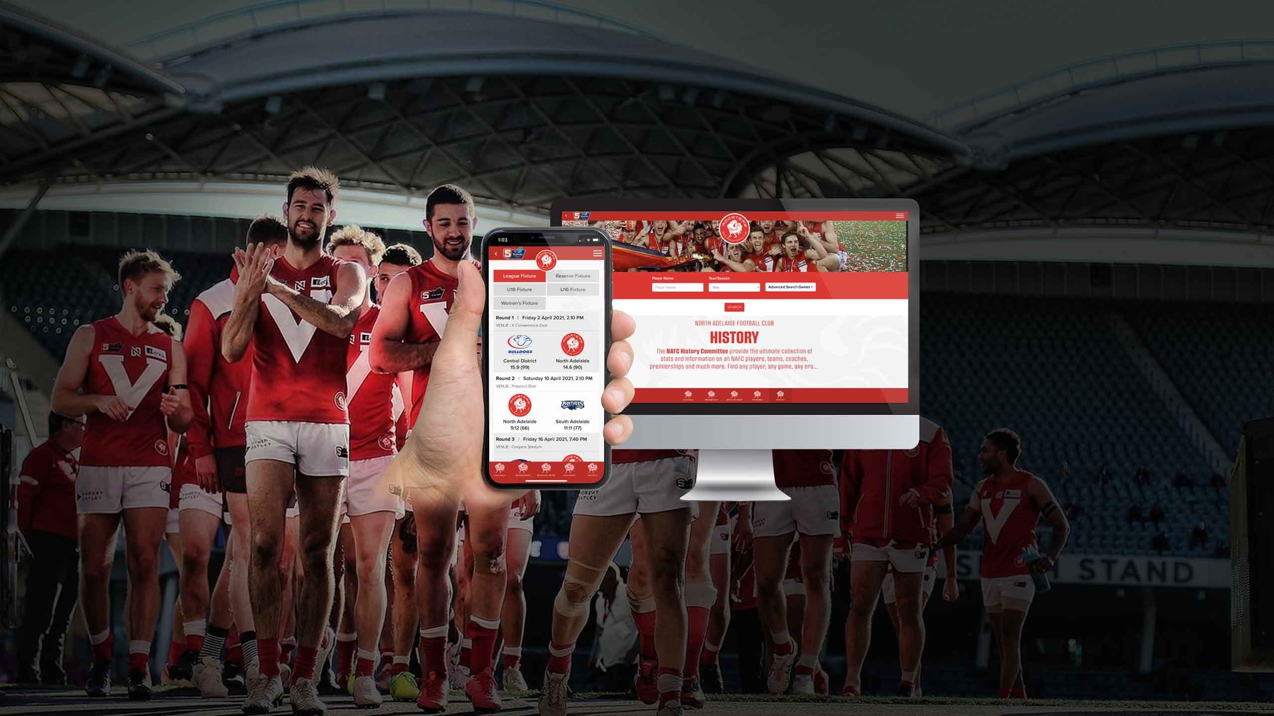 North Adelaide Football Club website's history and fixtures pages on desktop and mobile, players on the oval