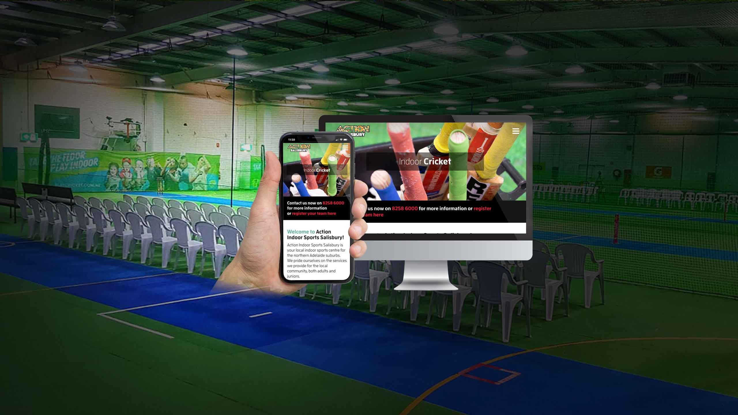 Action Salisbury indoor cricket page shown on a desktop monitor and smartphone inside the indoor sports centre