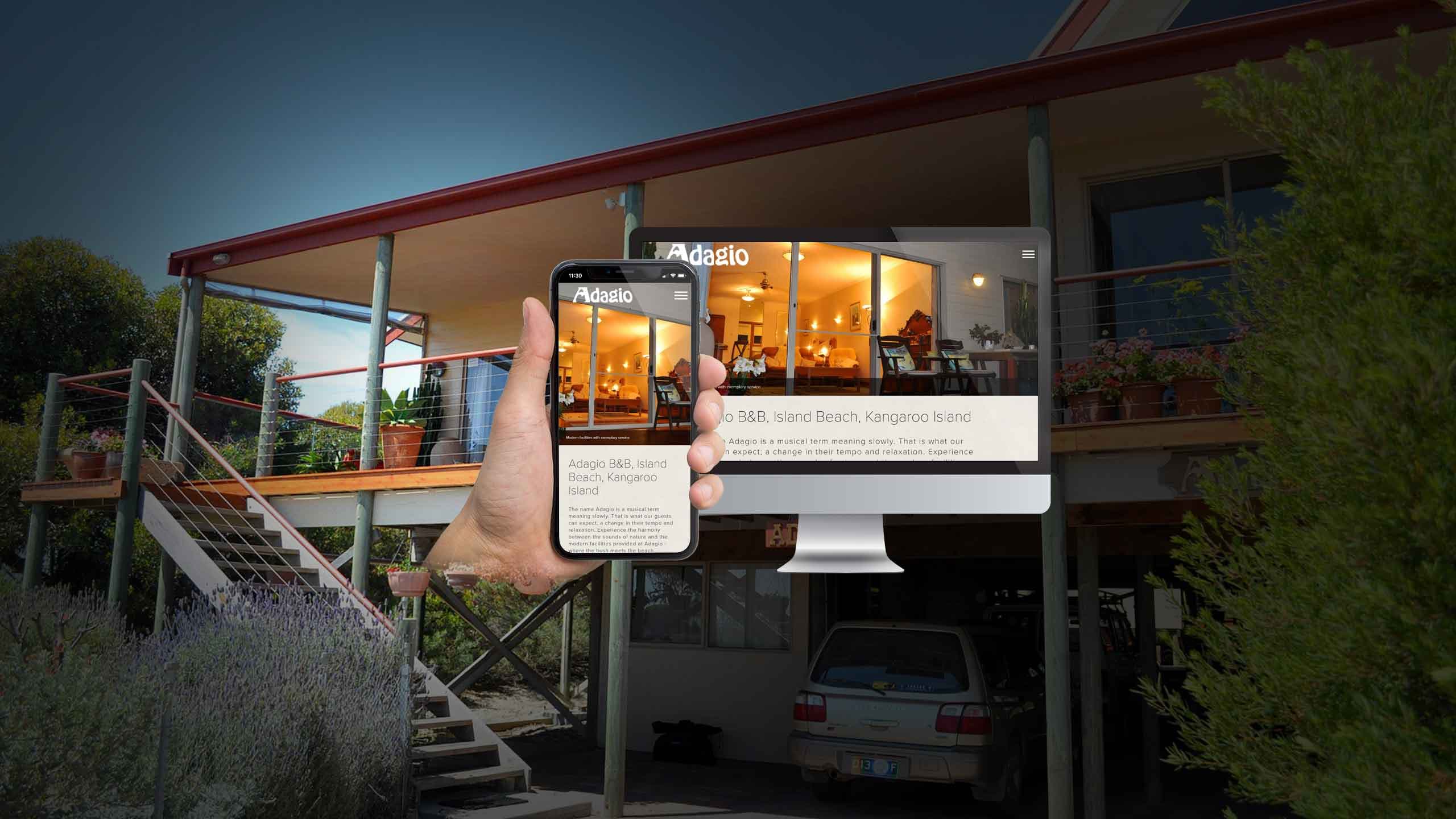 Adagio B&B Kangaroo Island website shown on a desktop monitor and smartphone in front of the property