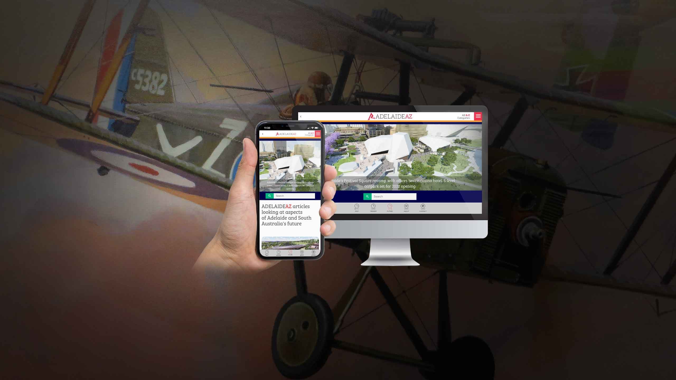Adelaide AZ website displayed on a desktop monitor and smartphone over a vintage biplane backdrop, showing the Future page