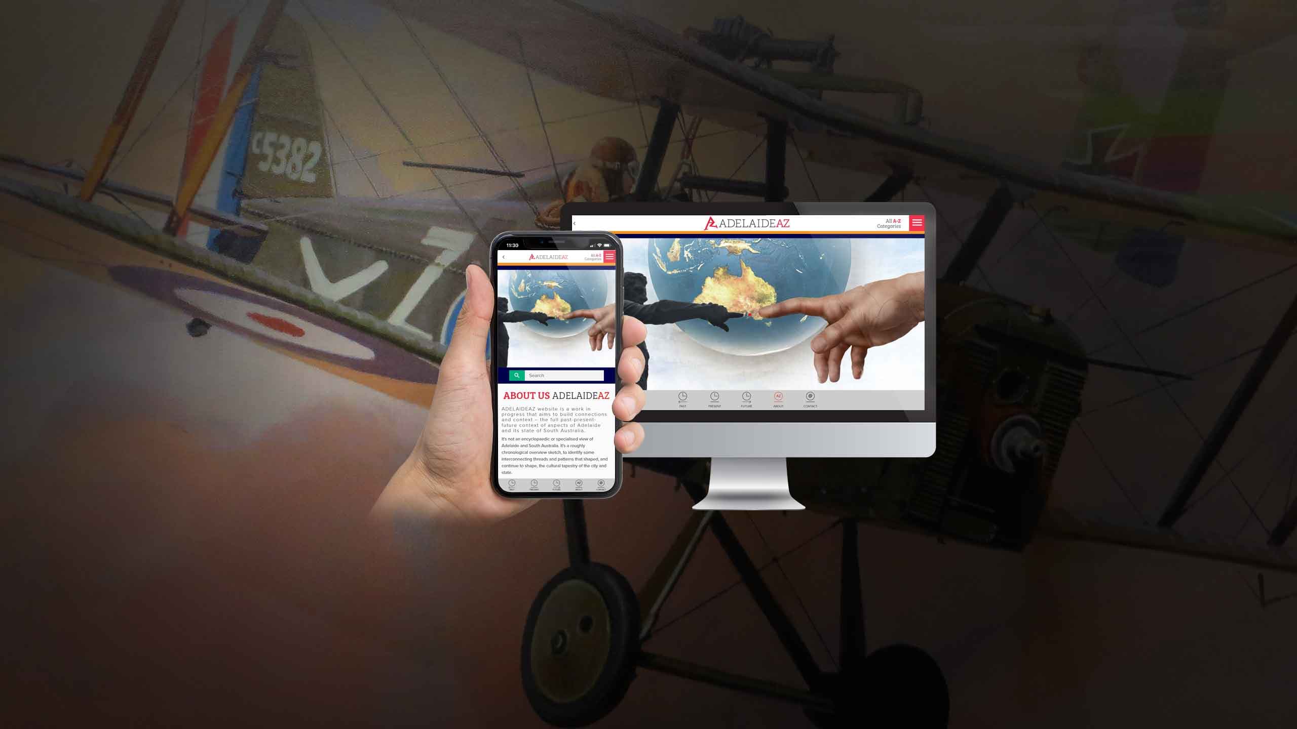 Adelaide AZ website displayed on a desktop monitor and smartphone over a vintage biplane backdrop, showing the About Us page