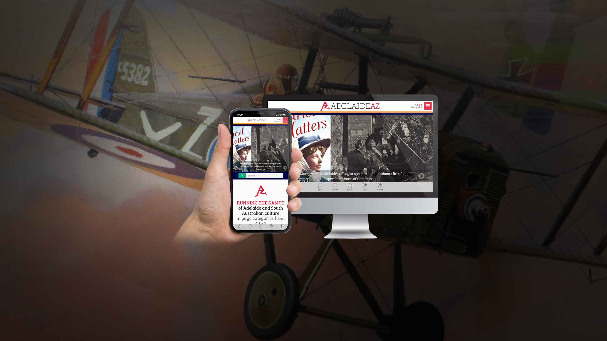 Adelaide AZ website displayed on a desktop monitor and smartphone over a vintage biplane backdrop, showing a Muriel Matters article
