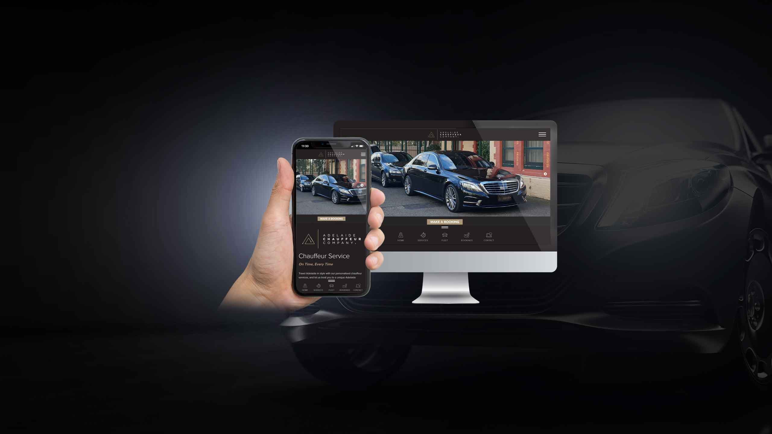 Adelaide Chauffeur Company homepage on desktop and smartphone against a luxury car backdrop