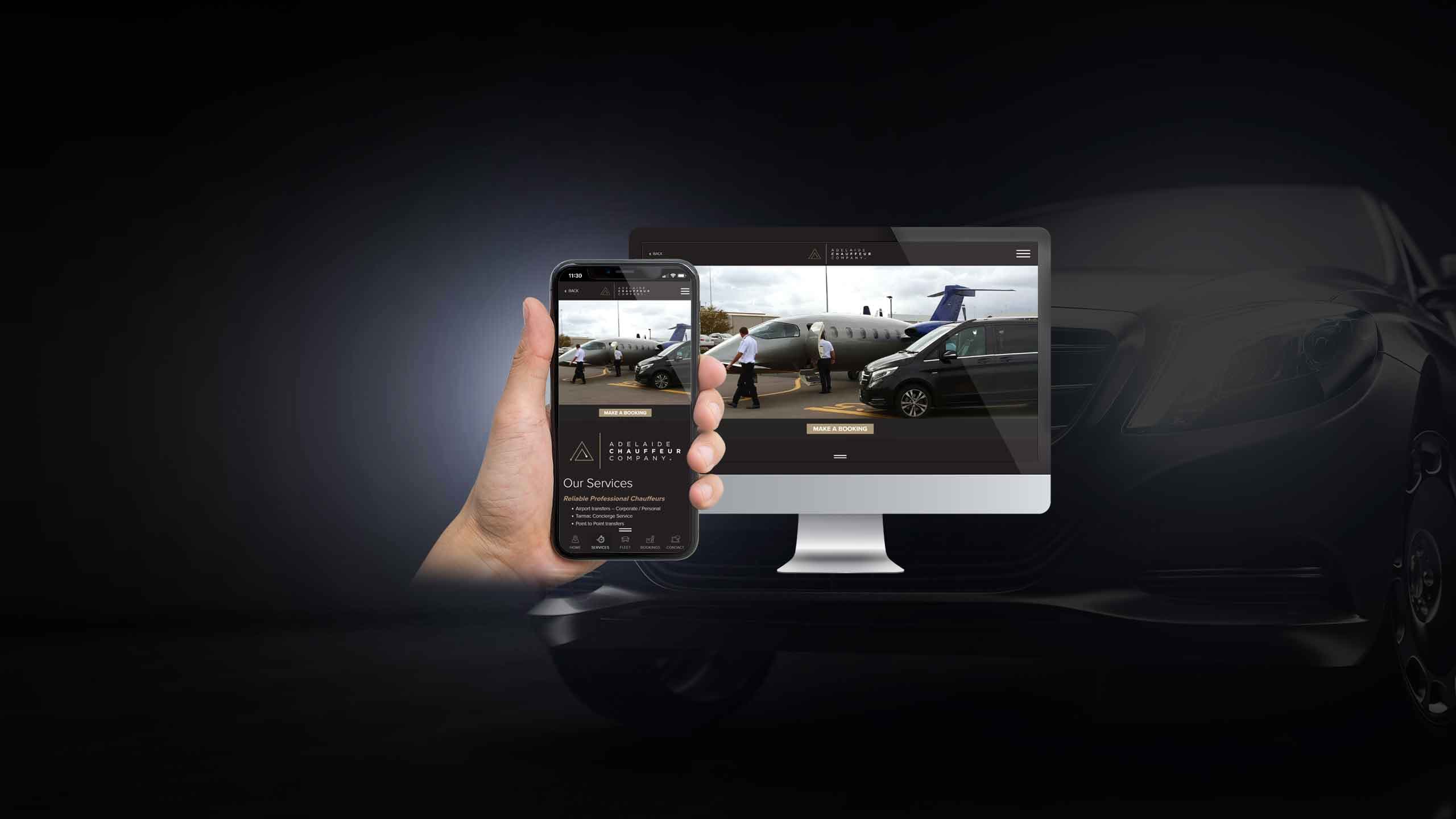 Adelaide Chauffeur Company services page on desktop and smartphone, chauffeur cars beside a private jet