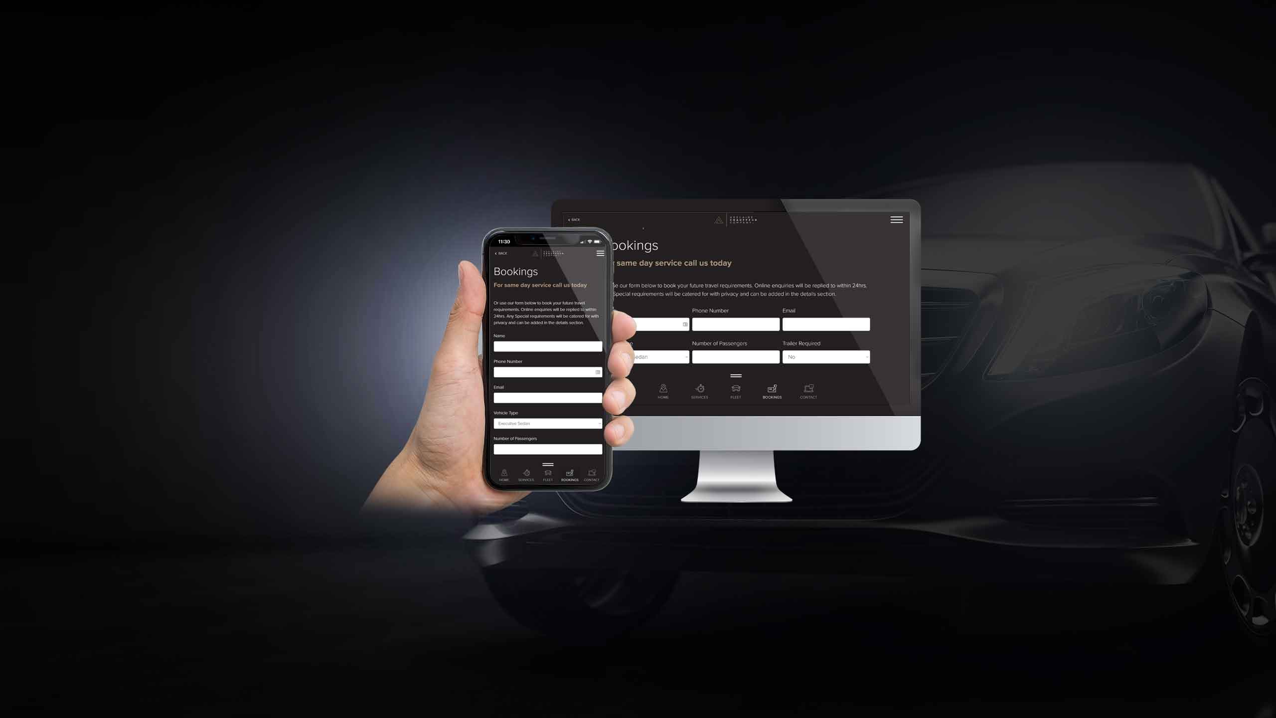 Adelaide Chauffeur Company bookings page on desktop and smartphone against a luxury car backdrop