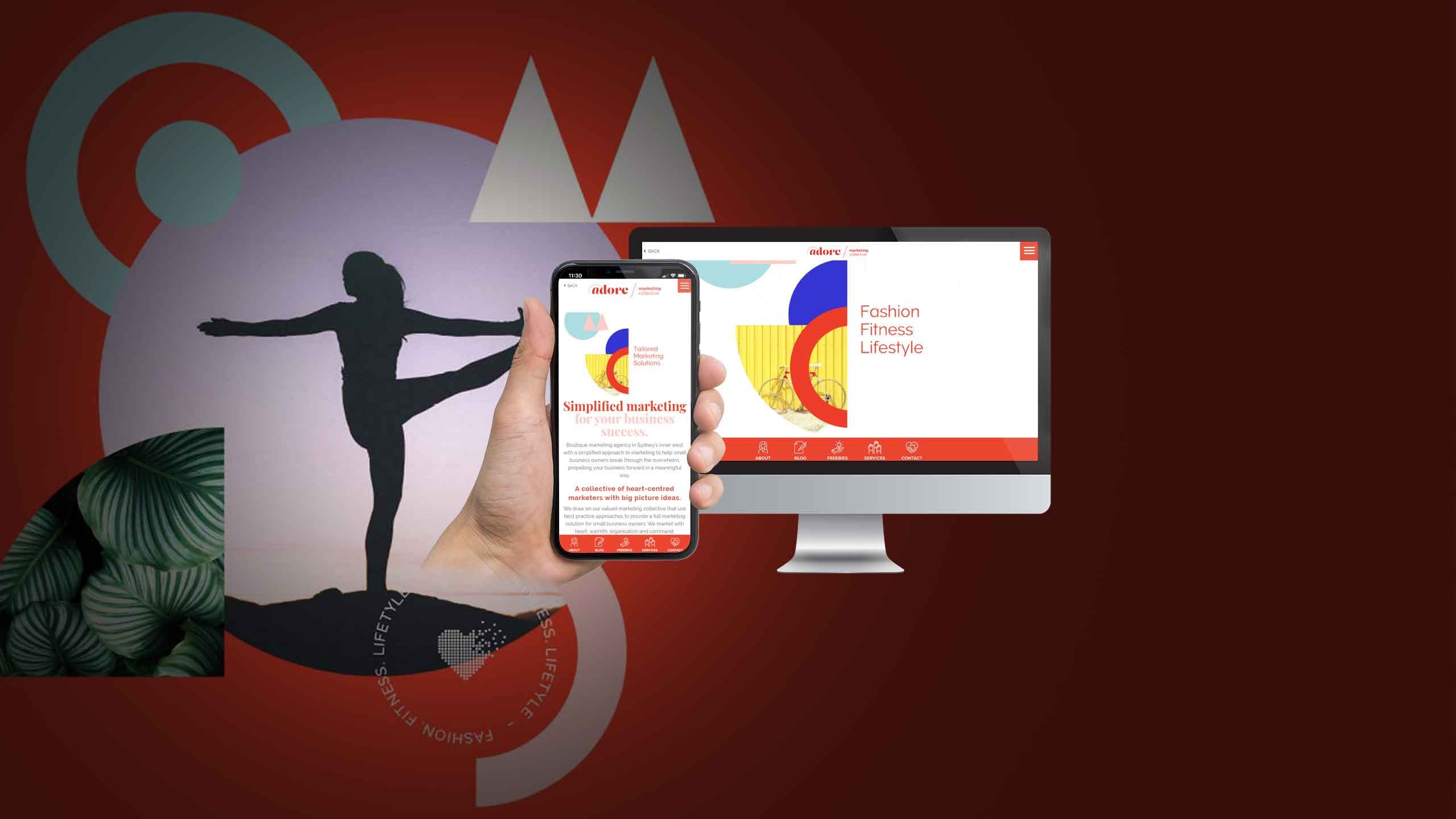 Adore Marketing Collective free resources page displayed on a desktop monitor and smartphone against an abstract red backdrop
