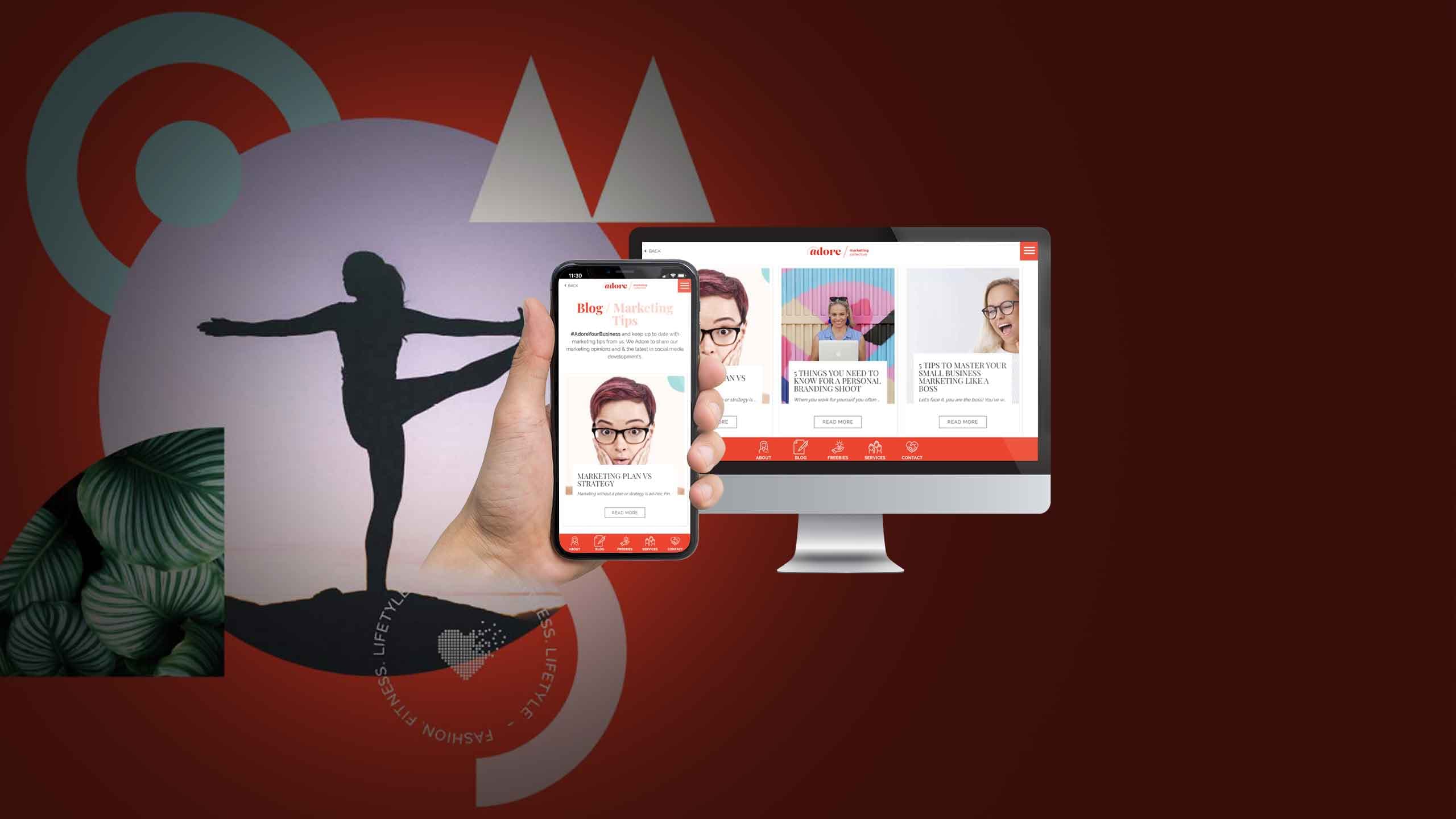 Adore Marketing Collective blog page displayed on a desktop monitor and smartphone against an abstract red backdrop