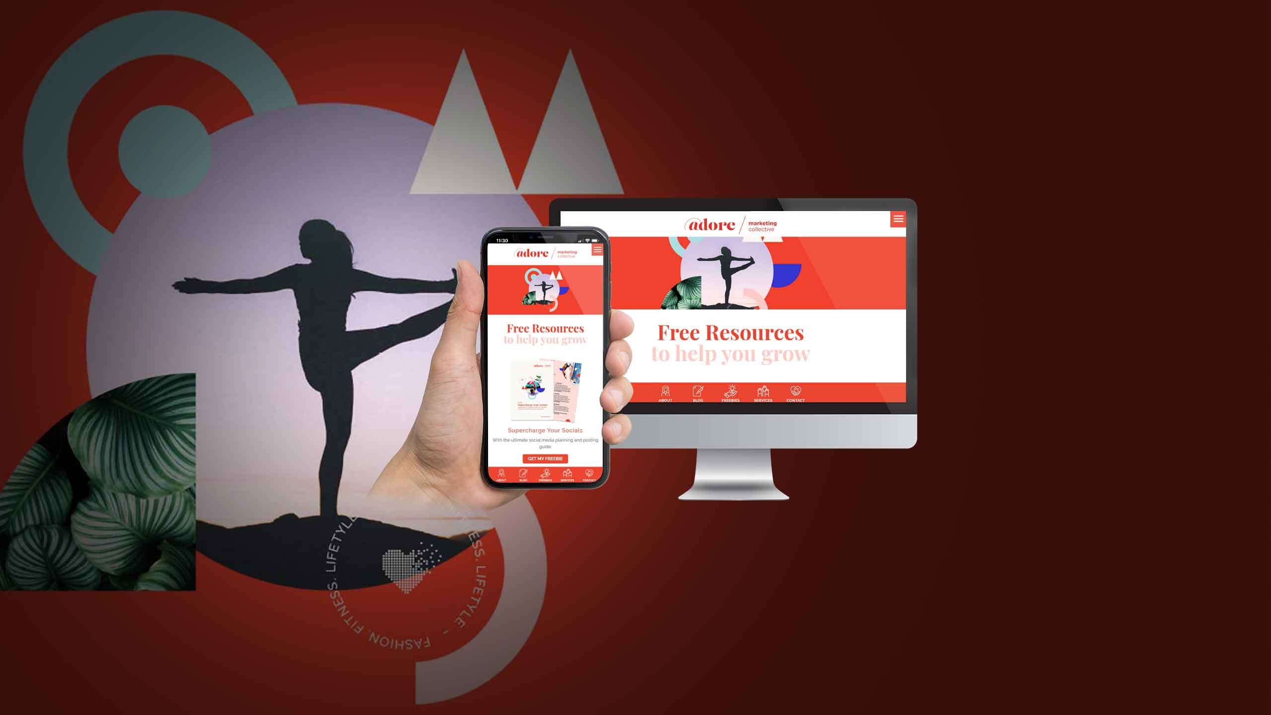 Adore Marketing Collective homepage displayed on a desktop monitor and smartphone against an abstract red backdrop