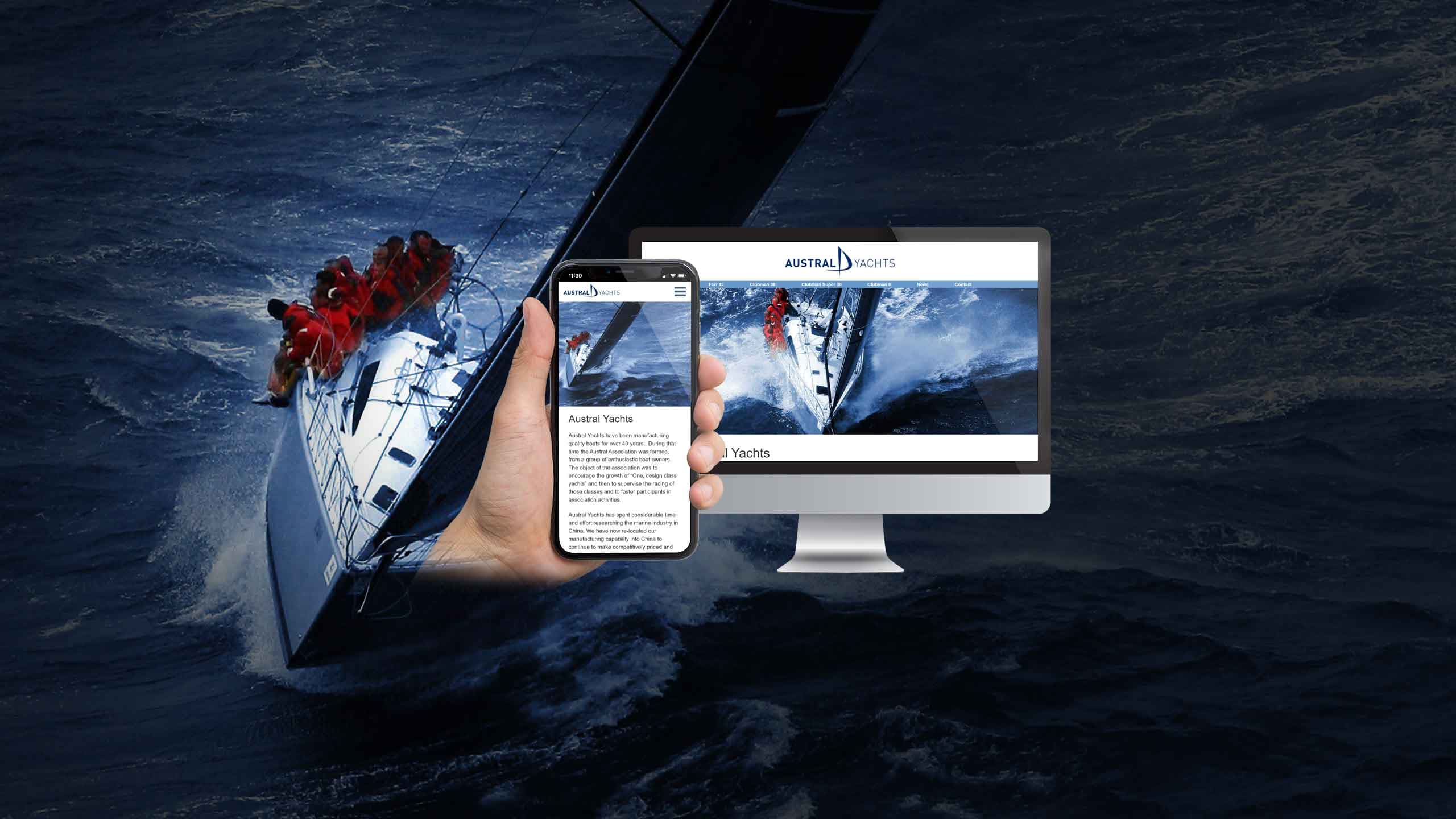 Austral Yachts website displayed on desktop and smartphone over a yacht racing photo