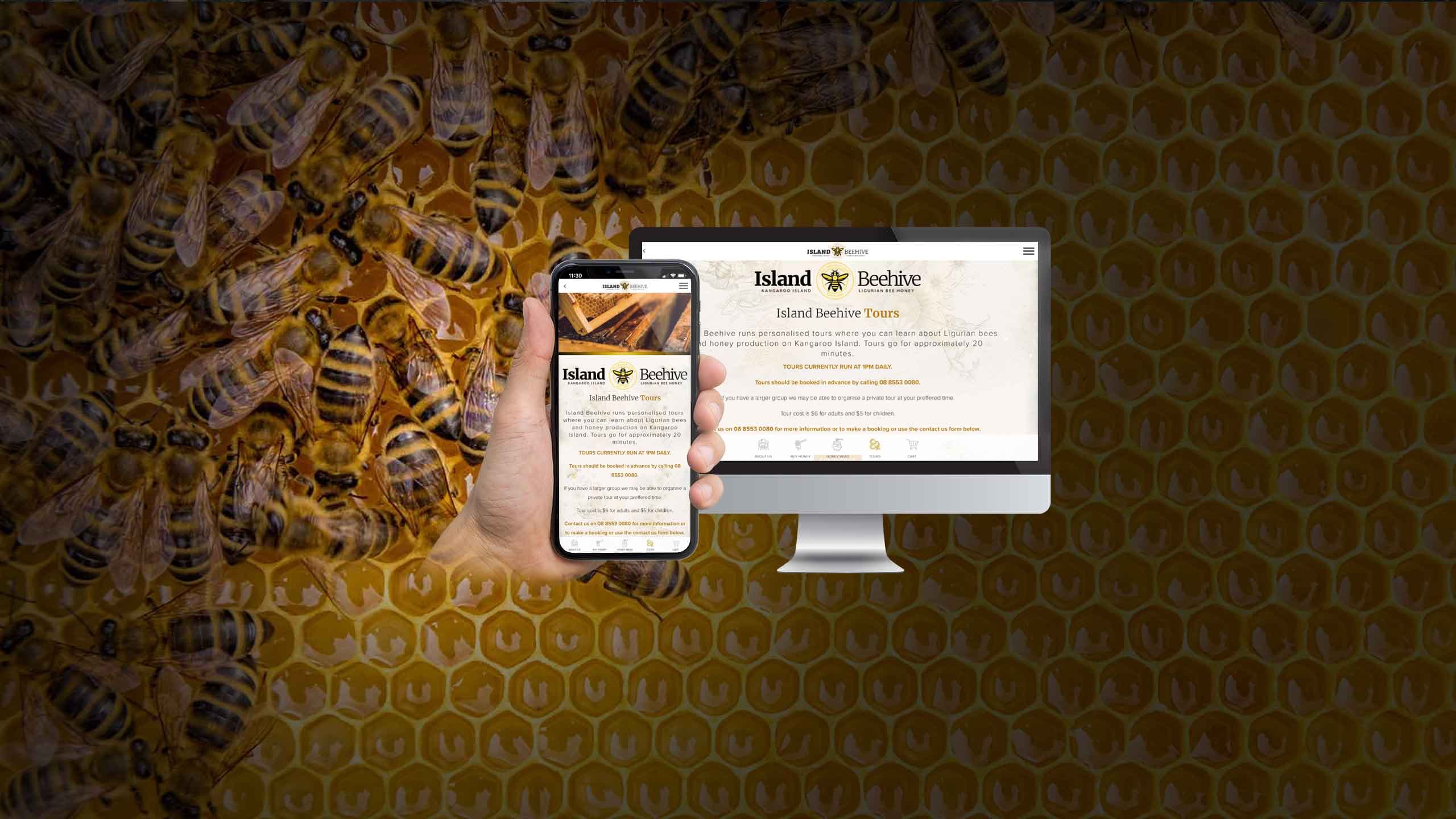 Island Beehive website homepage on a desktop monitor and smartphone over a honeycomb background