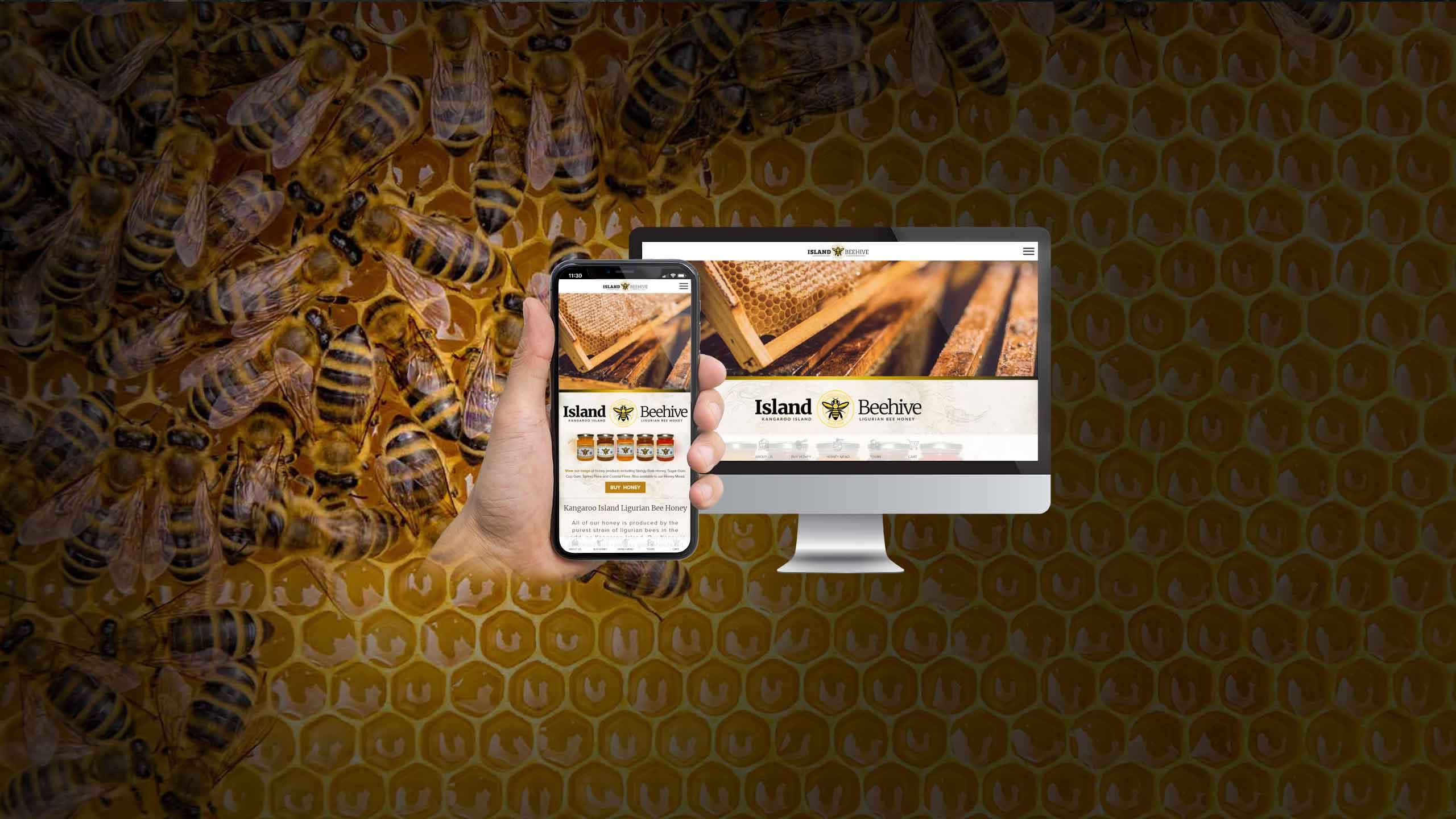 Island Beehive website tours page on a desktop monitor and smartphone over a honeycomb background