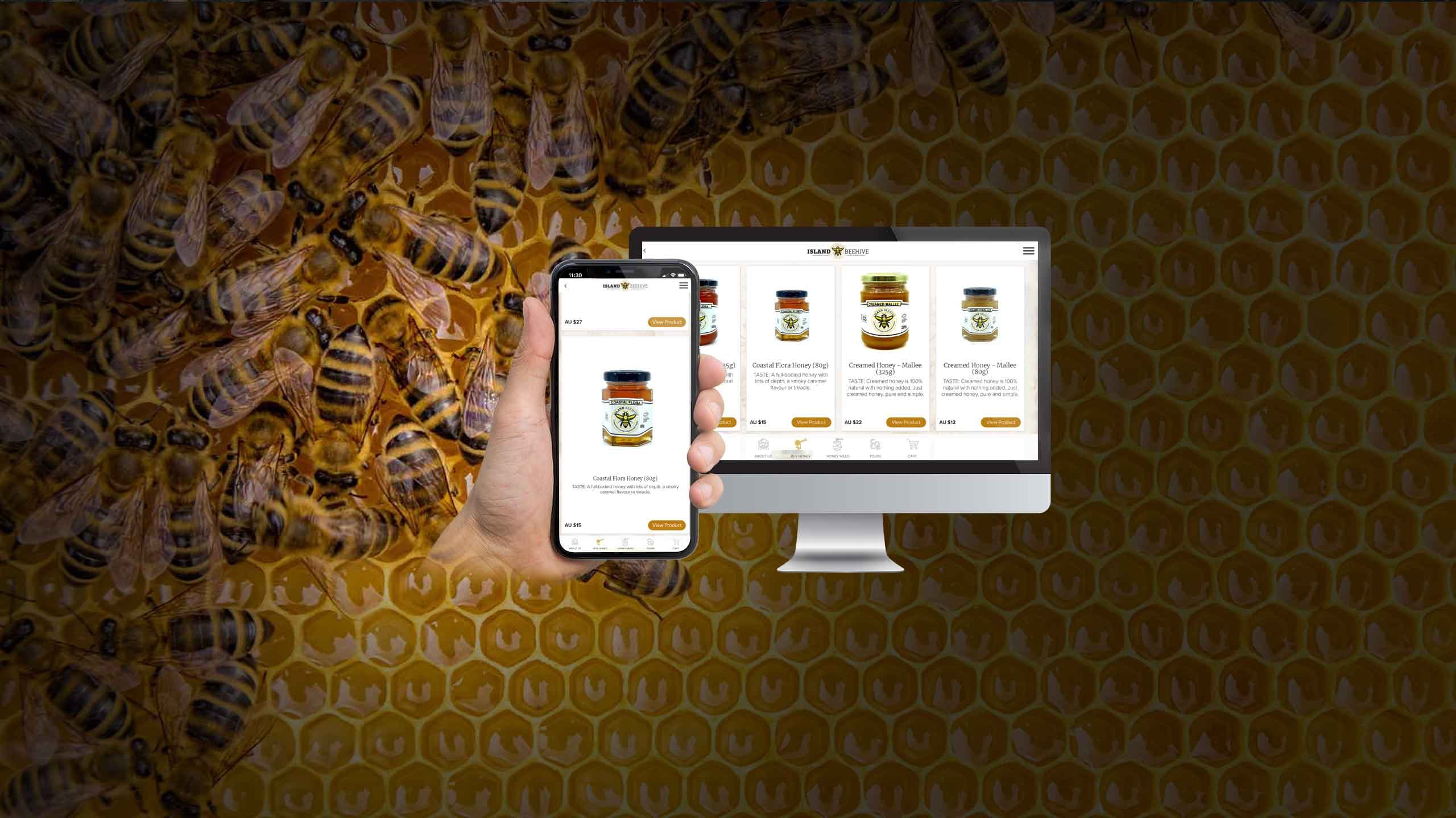 Island Beehive website honey shop page on a desktop monitor and smartphone over a honeycomb background