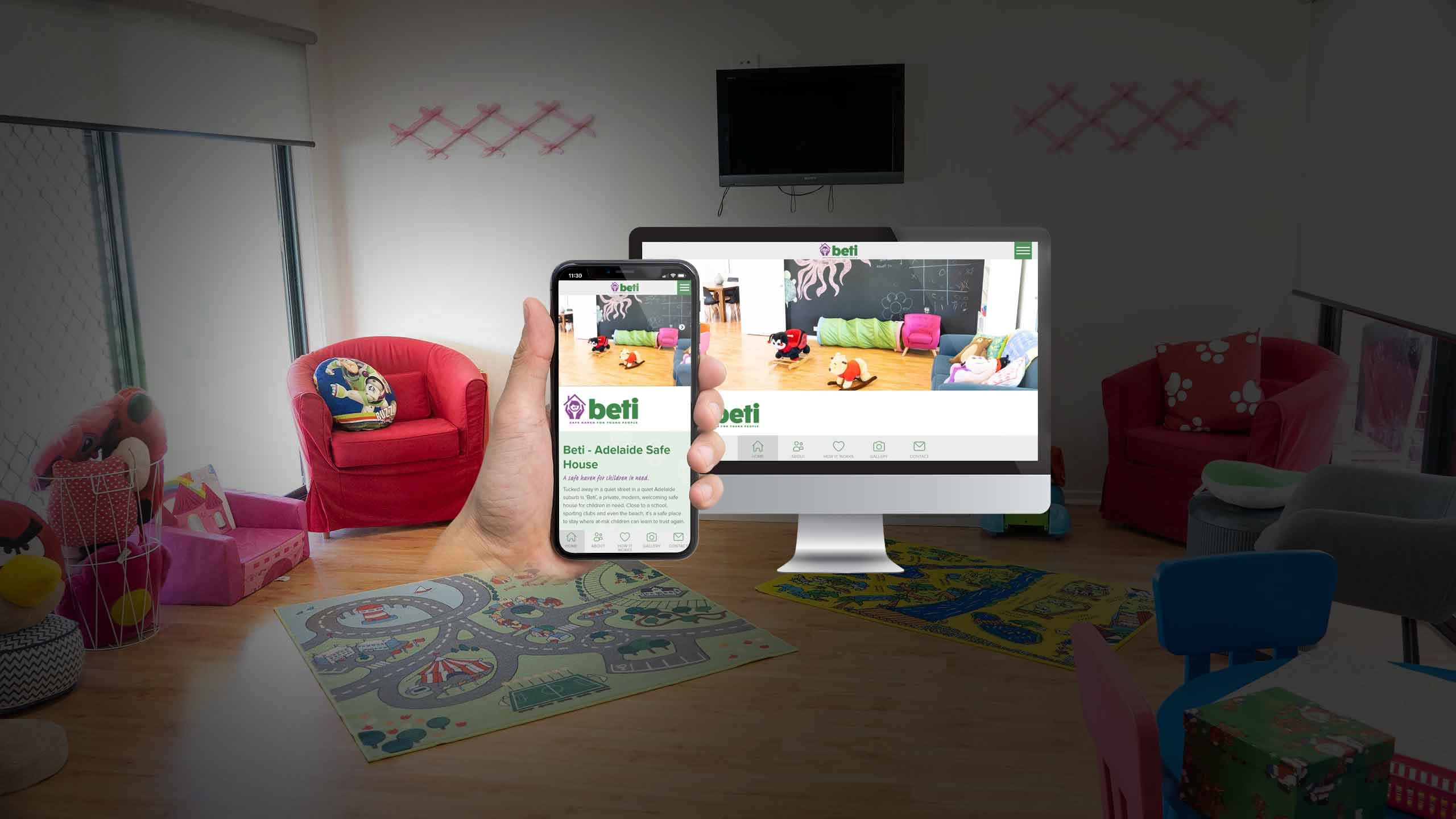 Beti Adelaide Safe House website homepage on desktop and mobile, set in a children's playroom