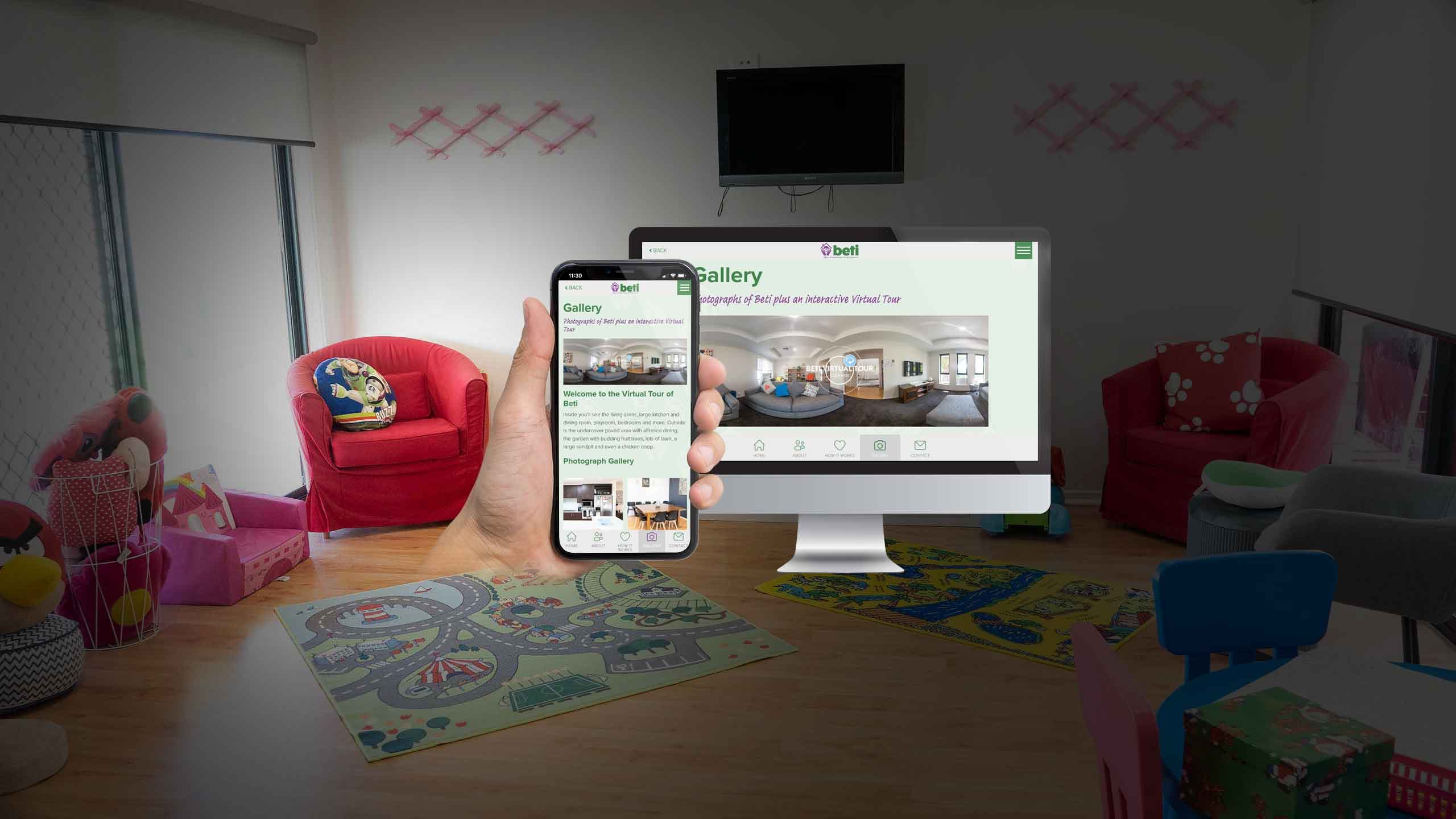 Beti Adelaide Safe House website Gallery page on desktop and mobile, set in a children's bedroom