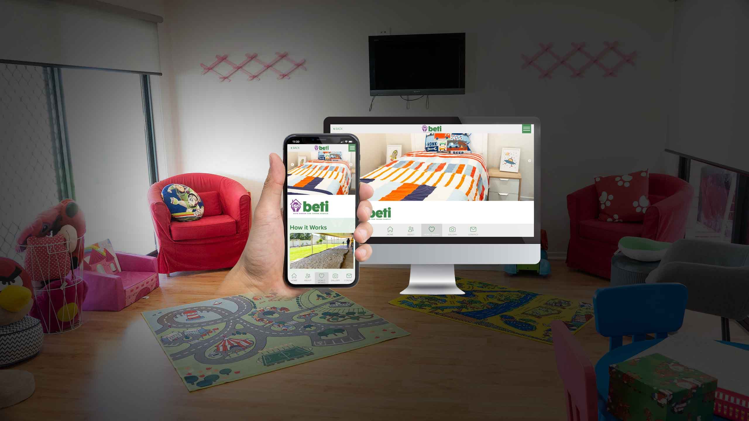 Beti Adelaide Safe House website How It Works page on desktop and mobile, set in a children's bedroom