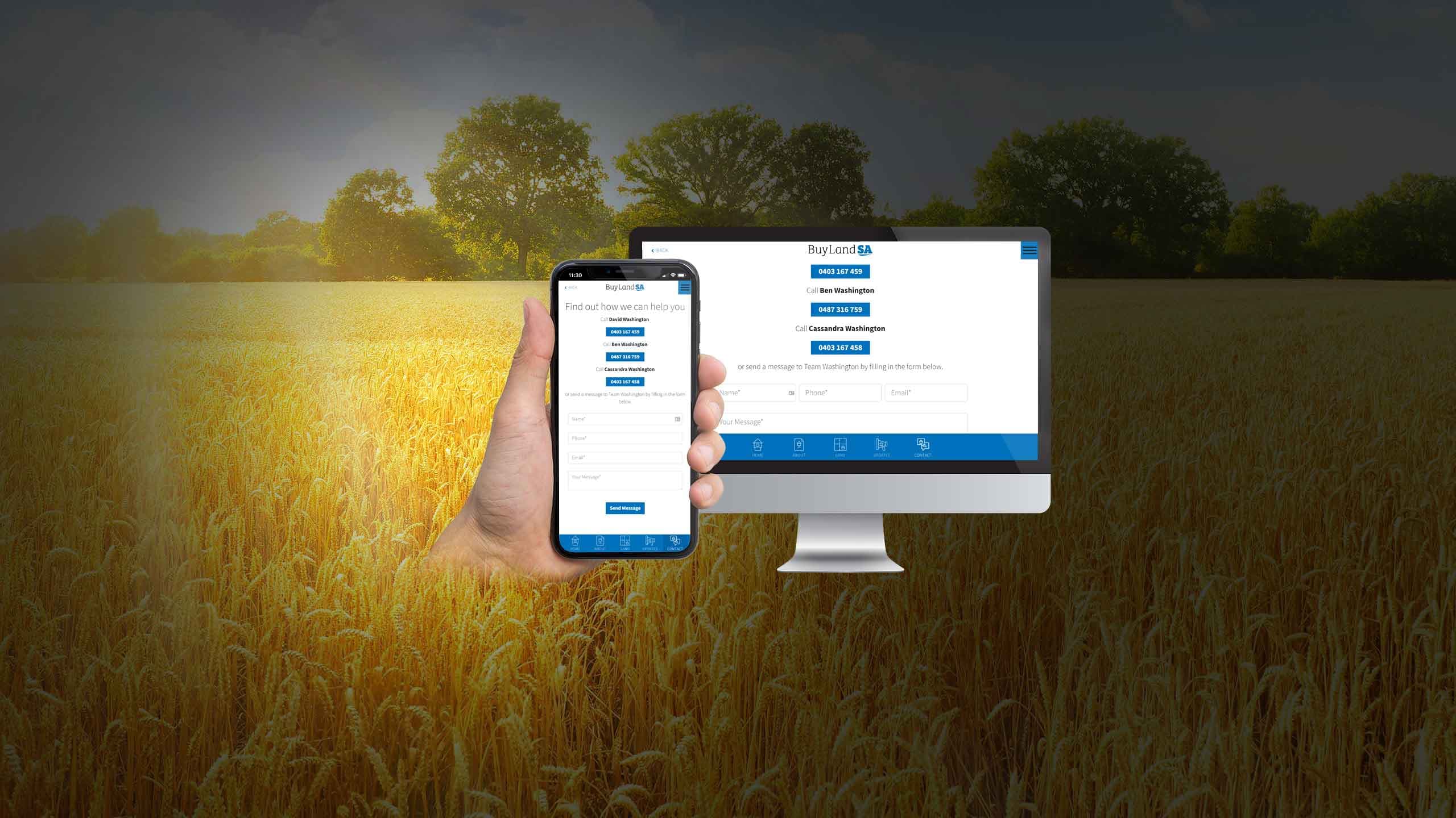 Buy Land SA contact page displayed on a desktop monitor and smartphone over a wheat field at sunset