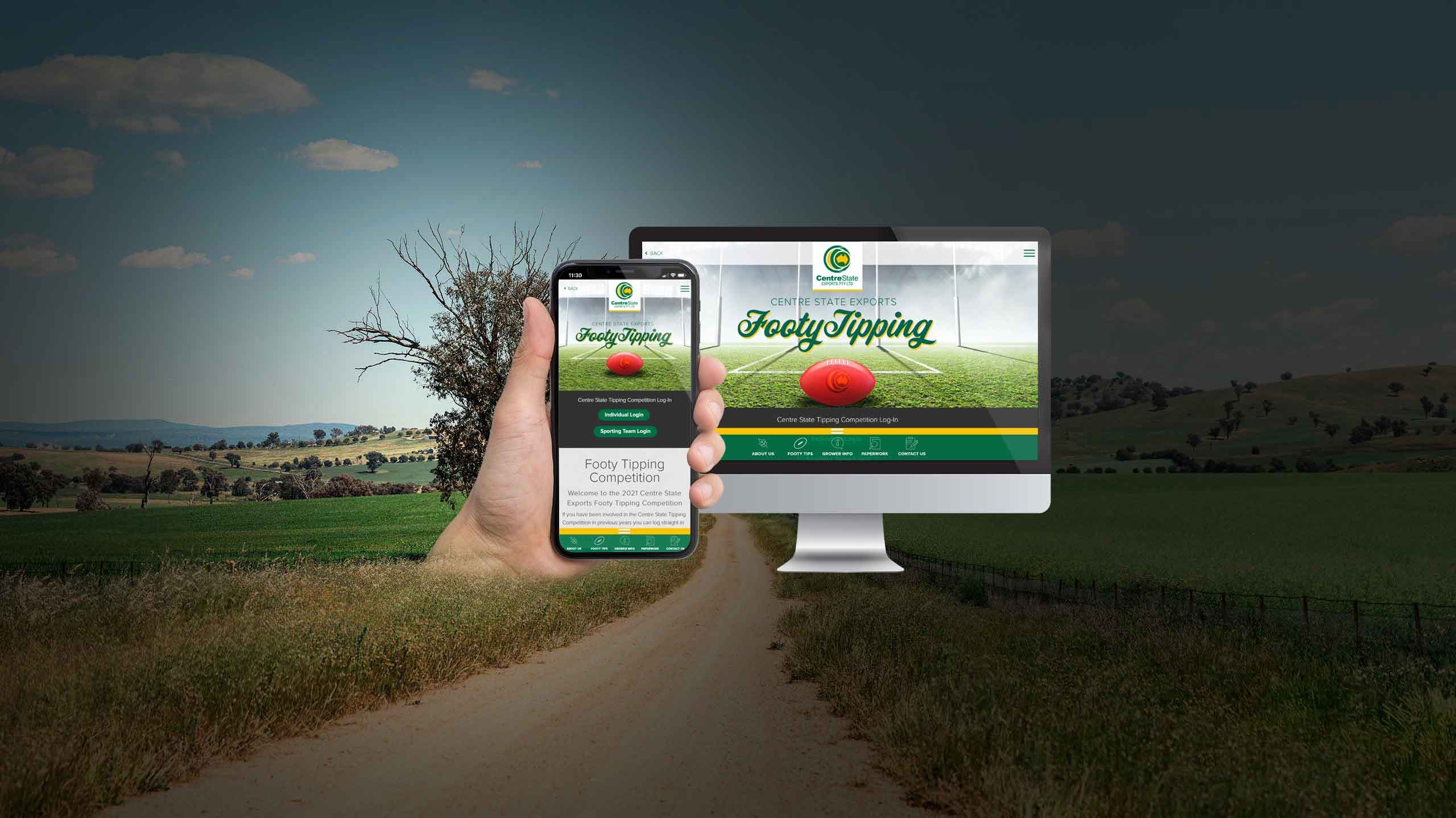 Centre State Exports Footy Tipping page shown on desktop and smartphone over a football oval