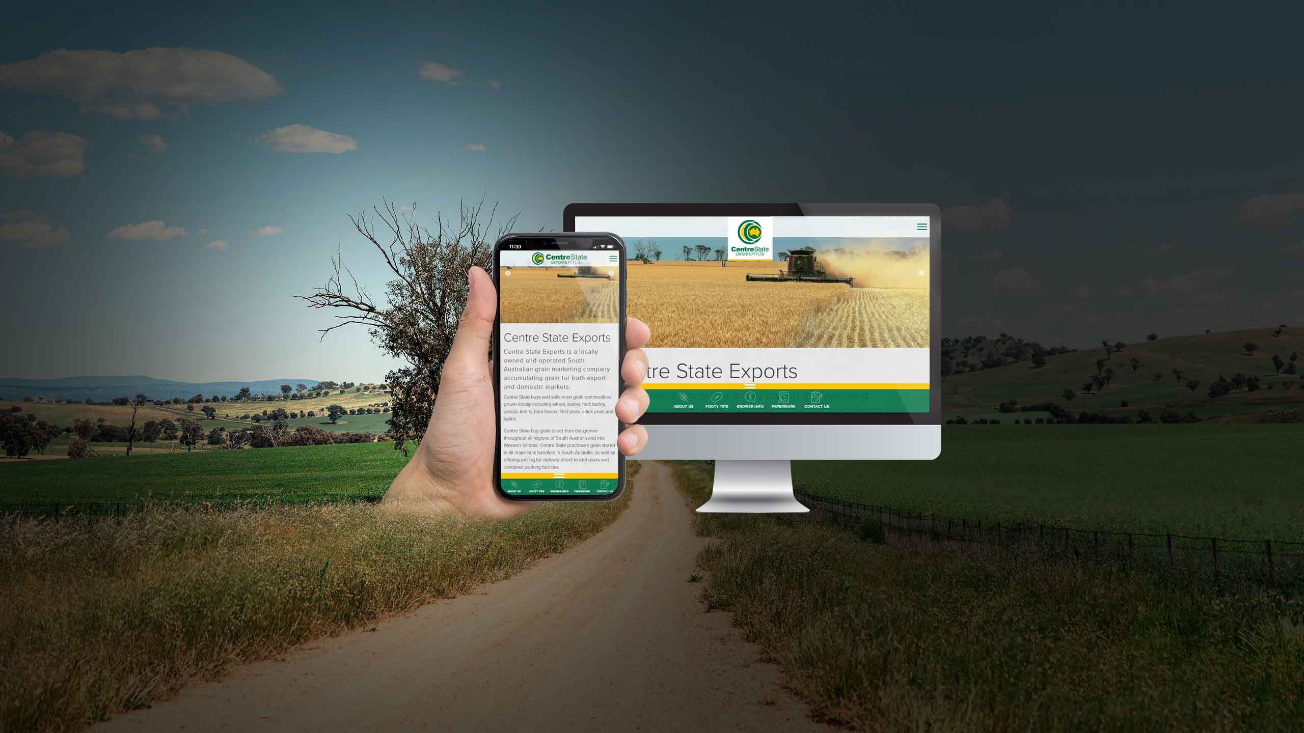 Centre State Exports website shown on desktop and smartphone against a South Australian farm road