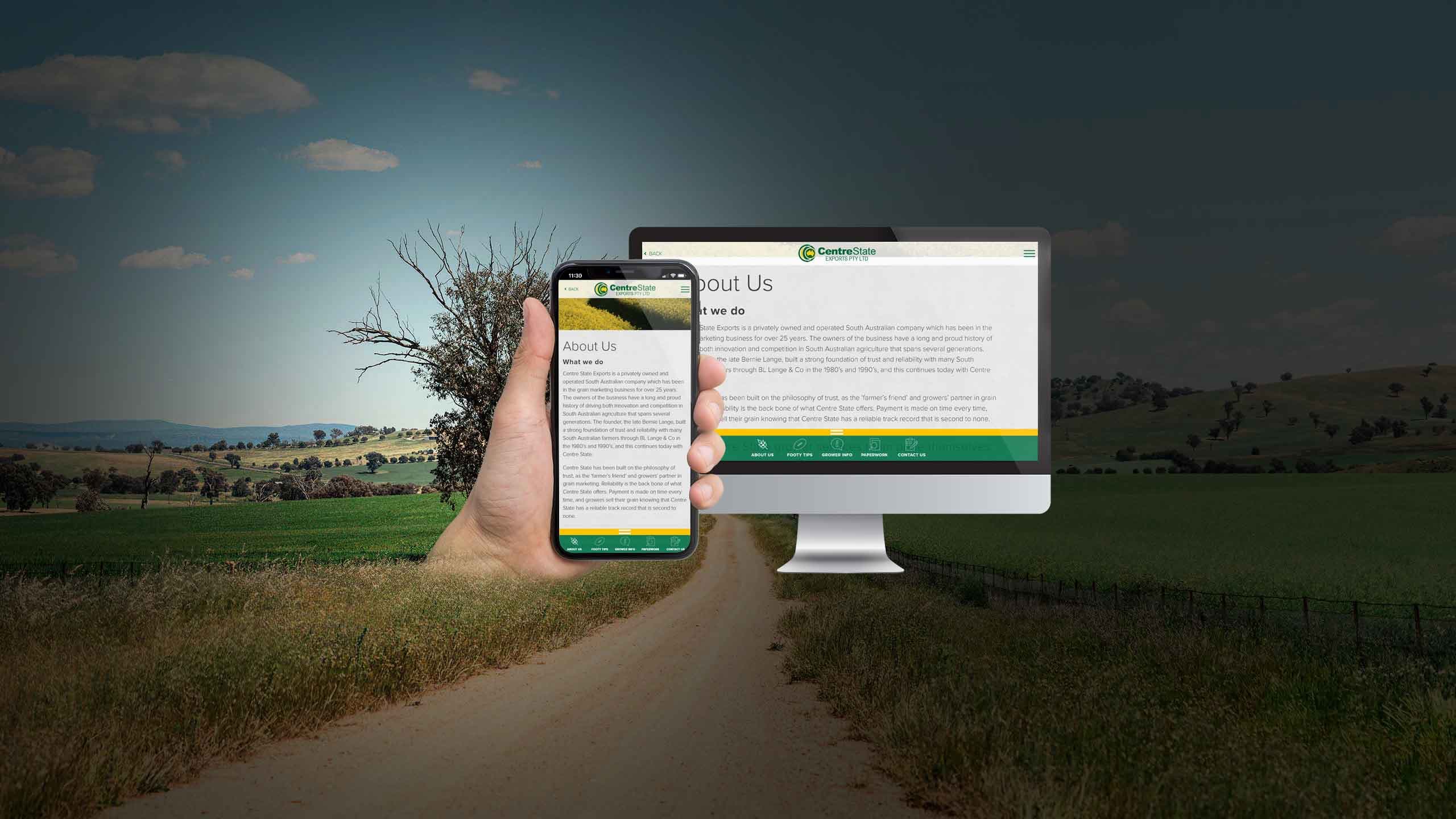 Centre State Exports website homepage shown on desktop and smartphone over a grain harvest scene