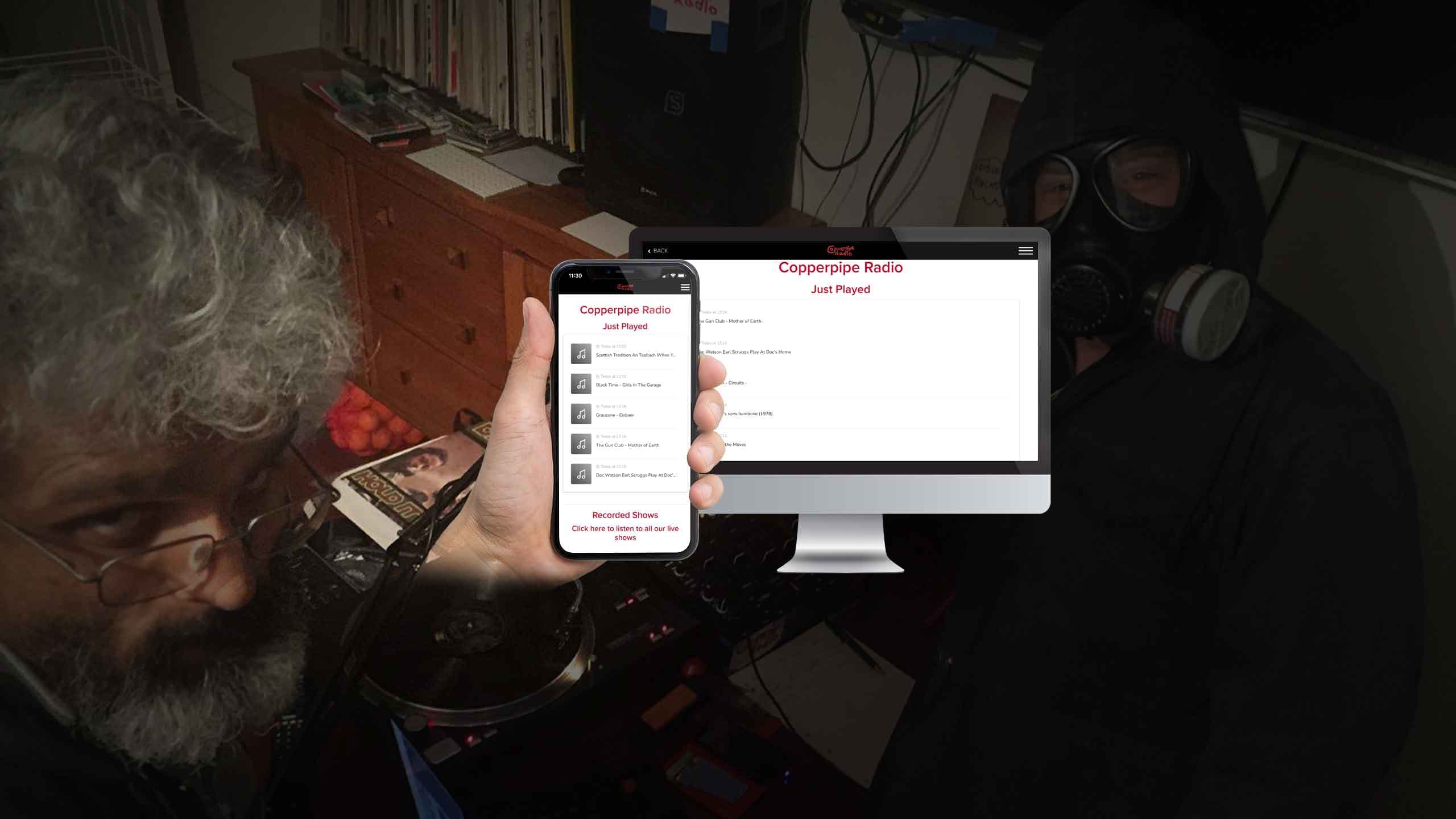 Copperpipe Radio Just Played page on desktop and smartphone in a dimly lit studio scene