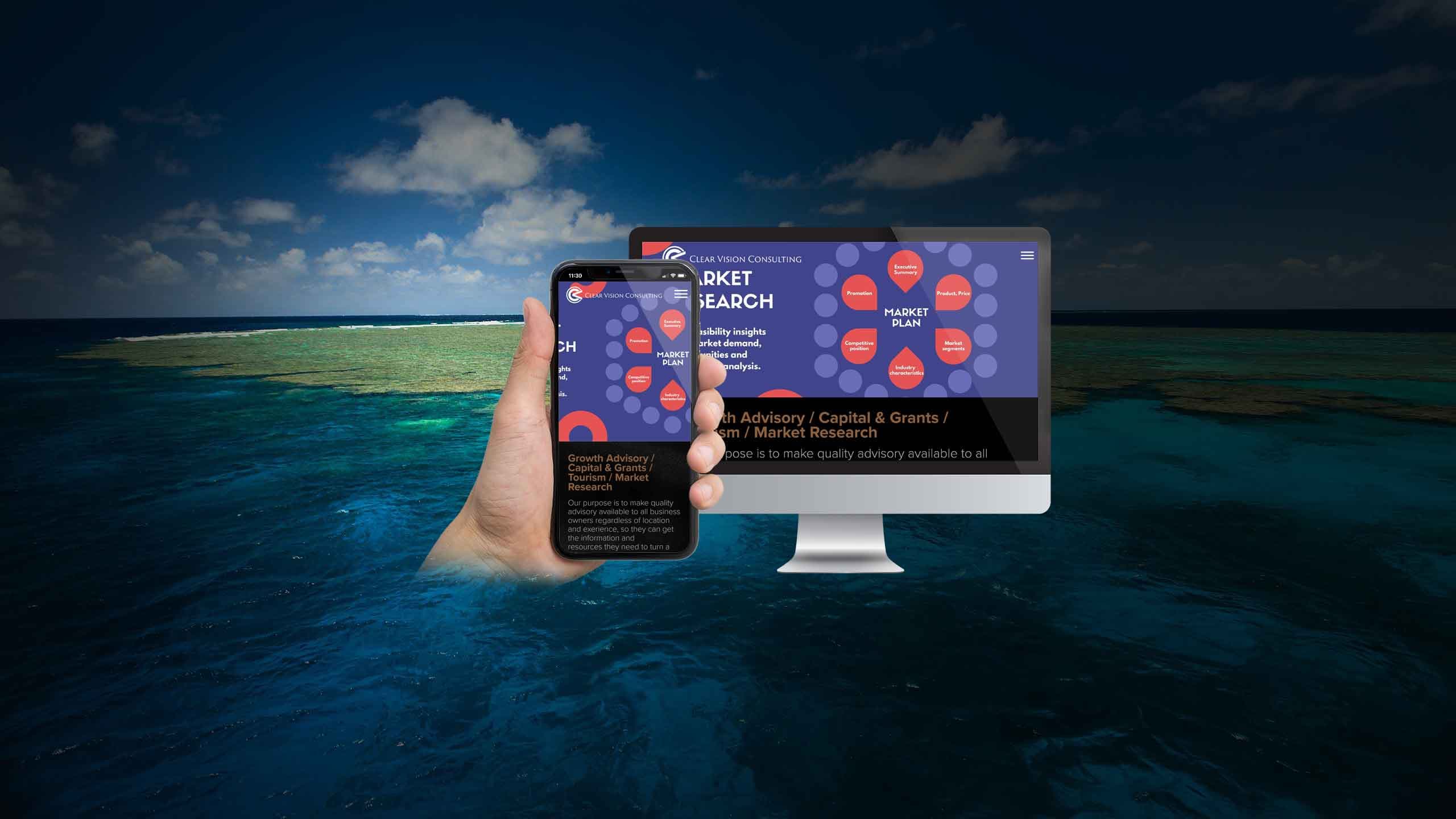 Clear Vision Consulting website Market Research page displayed on a desktop monitor and smartphone