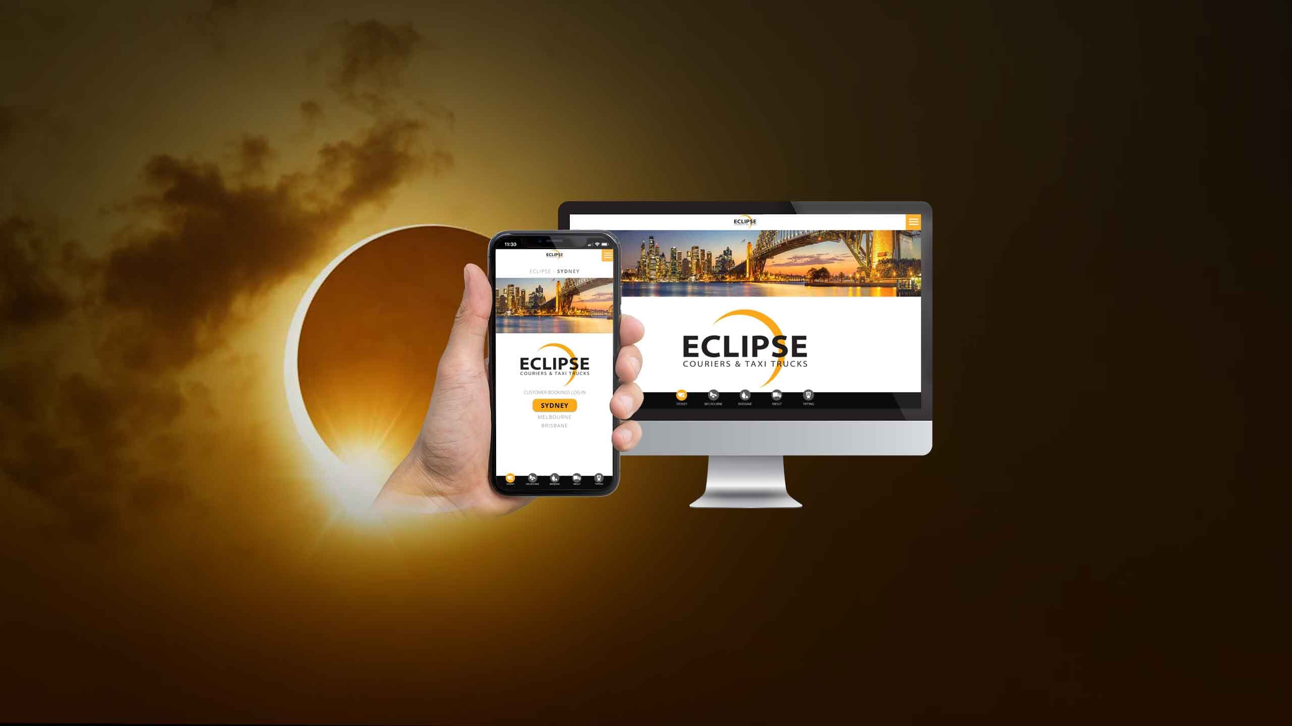 Eclipse Couriers website Sydney homepage on a desktop monitor and smartphone against a solar eclipse backdrop