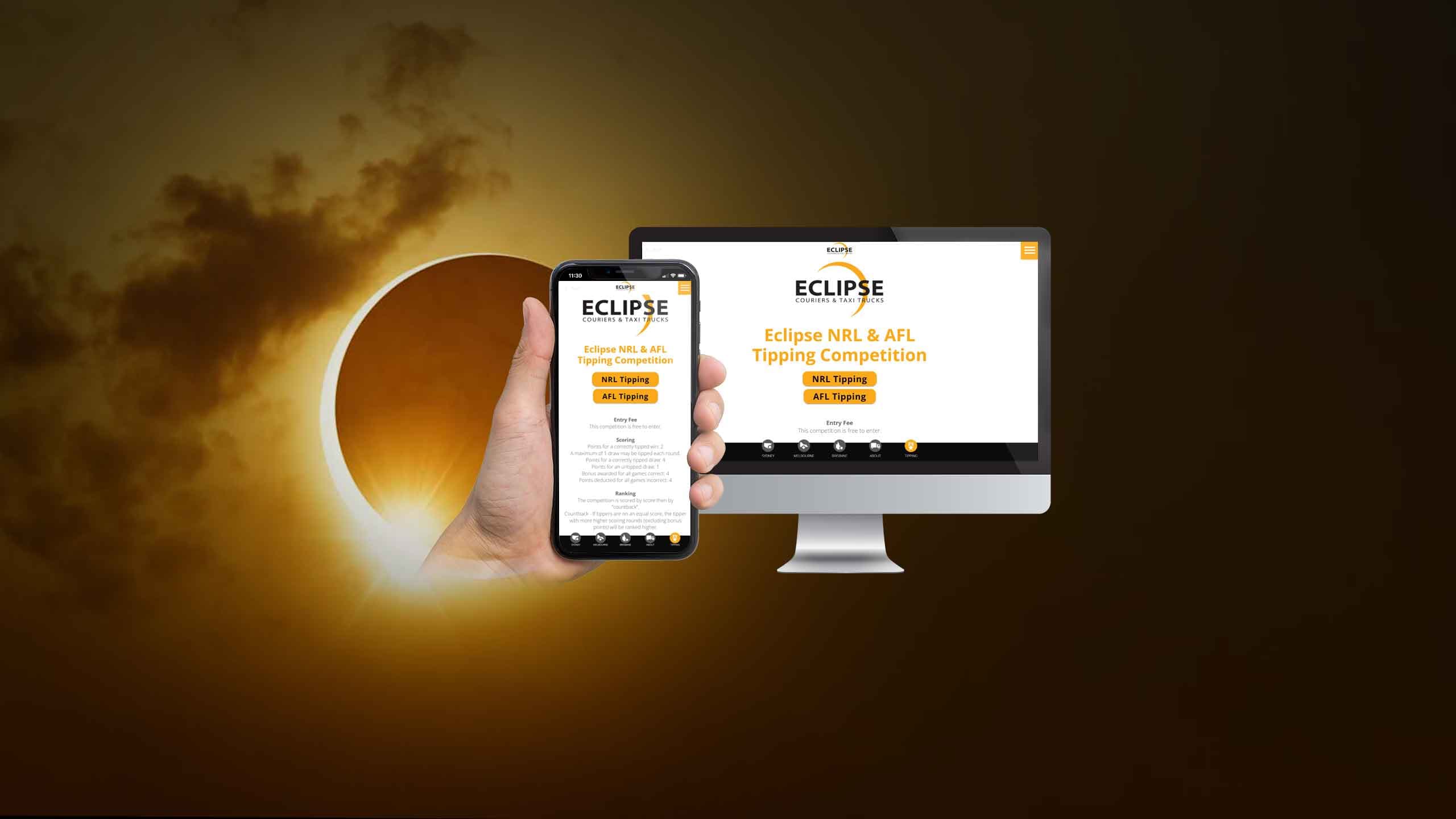 Eclipse Couriers website tipping competition page on a desktop monitor and smartphone, solar eclipse backdrop