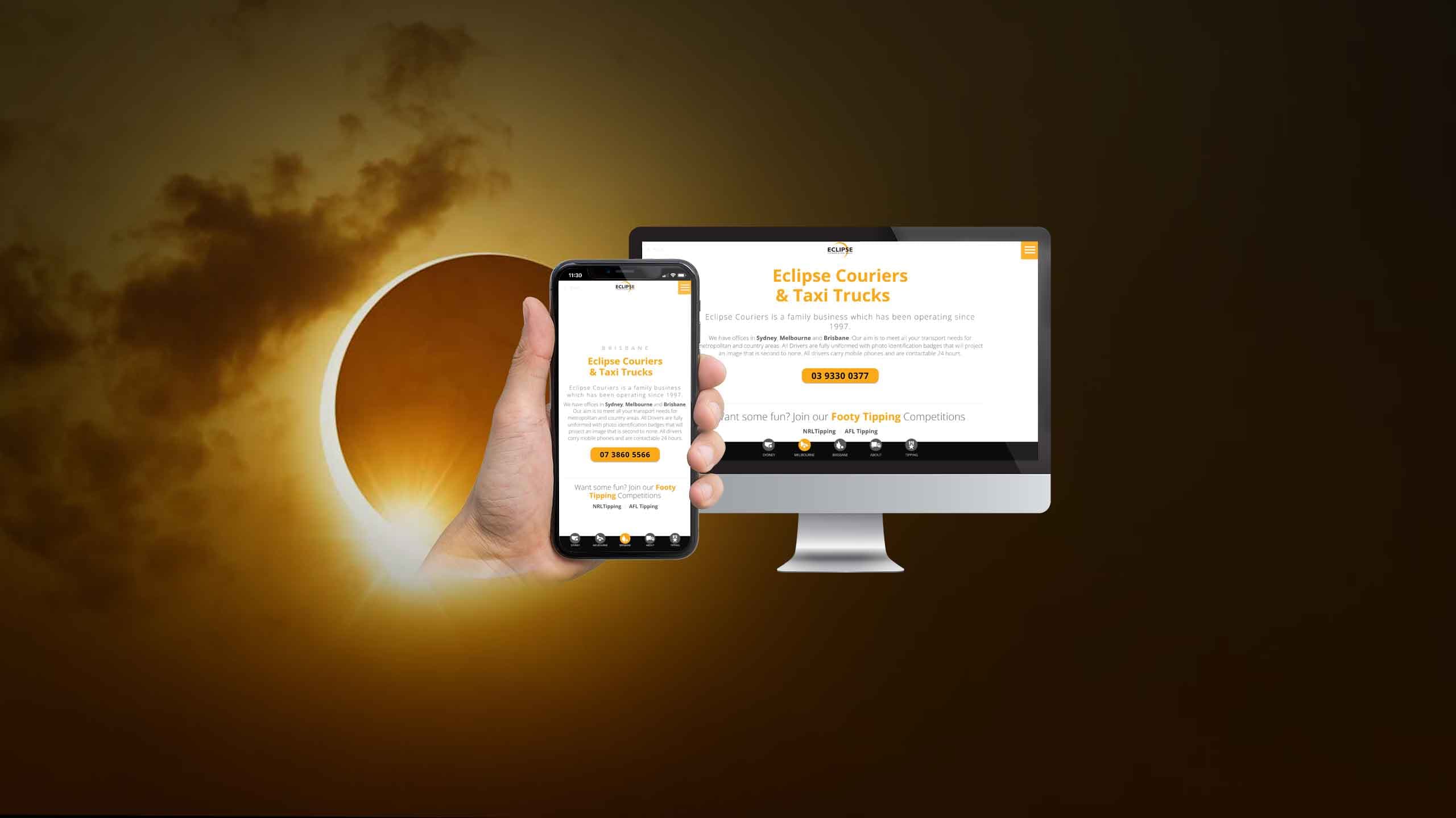 Eclipse Couriers website Brisbane contact page on a desktop monitor and smartphone, solar eclipse backdrop