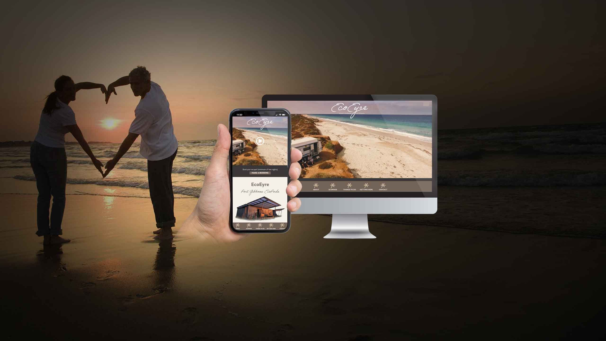 EcoEyre website displayed on a desktop monitor and smartphone against a beach sunset