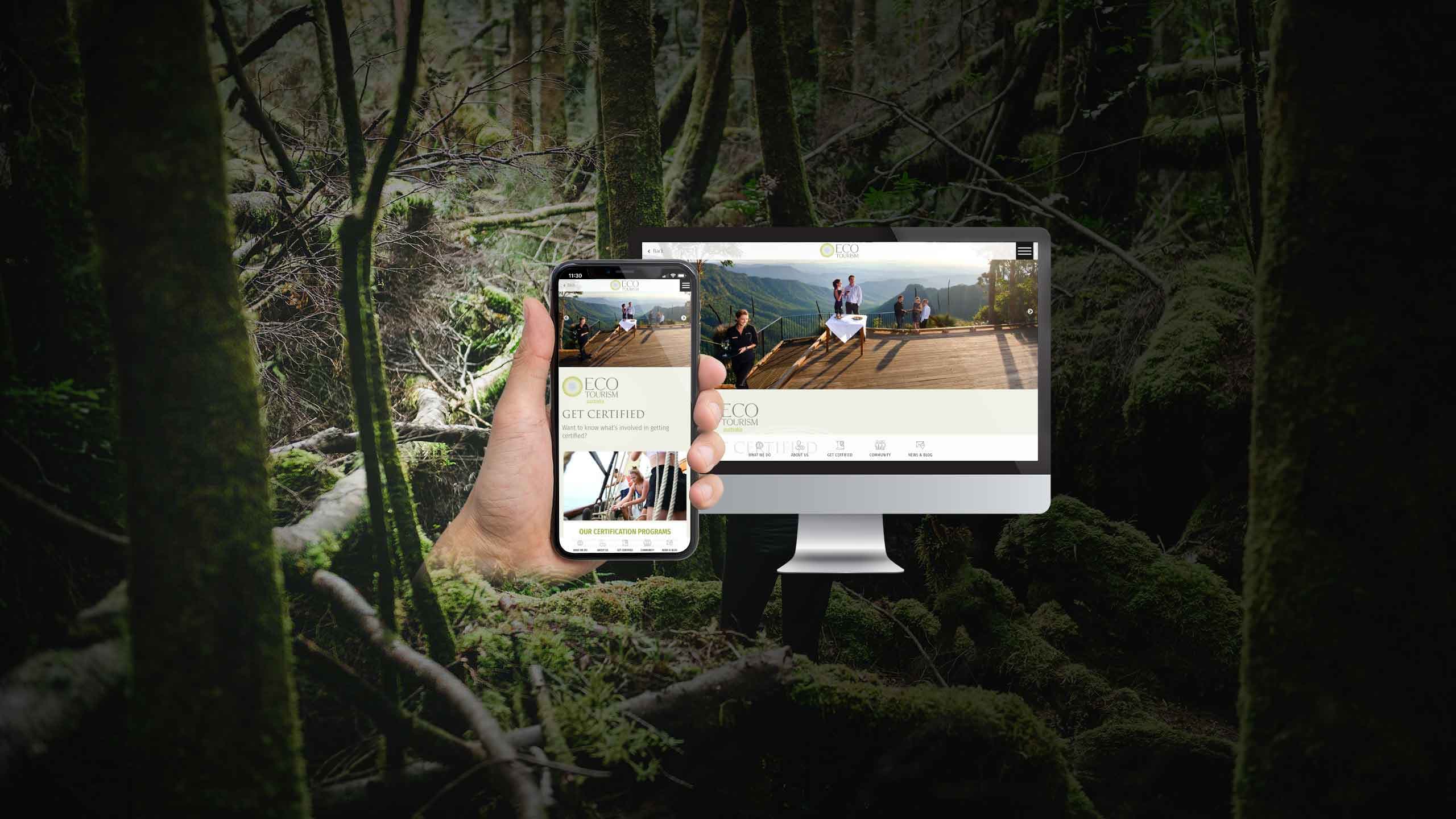 Ecotourism Australia website Get Certified page on desktop and mobile over a forest background