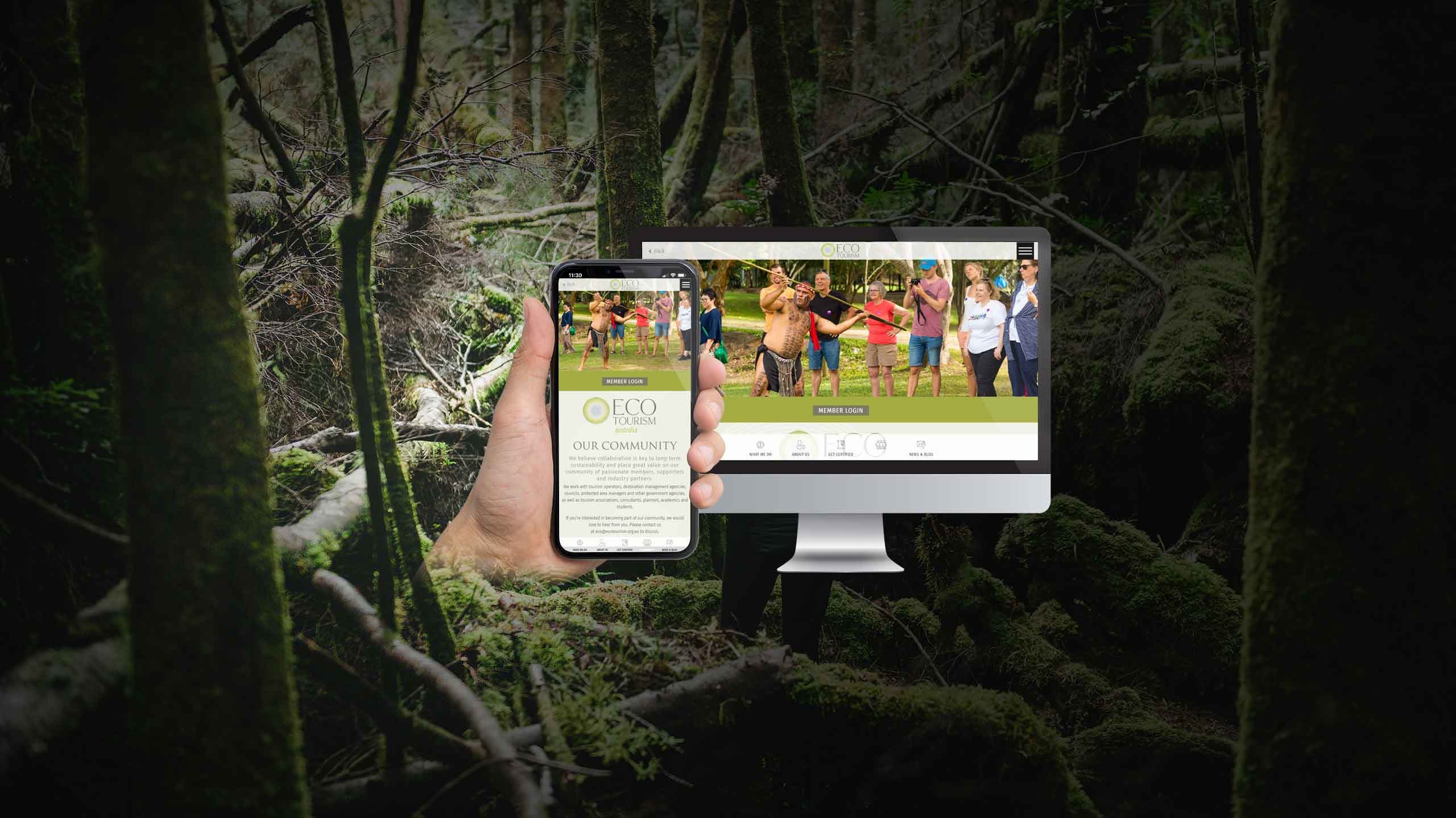 Ecotourism Australia website Our Community page on desktop and mobile over a forest background