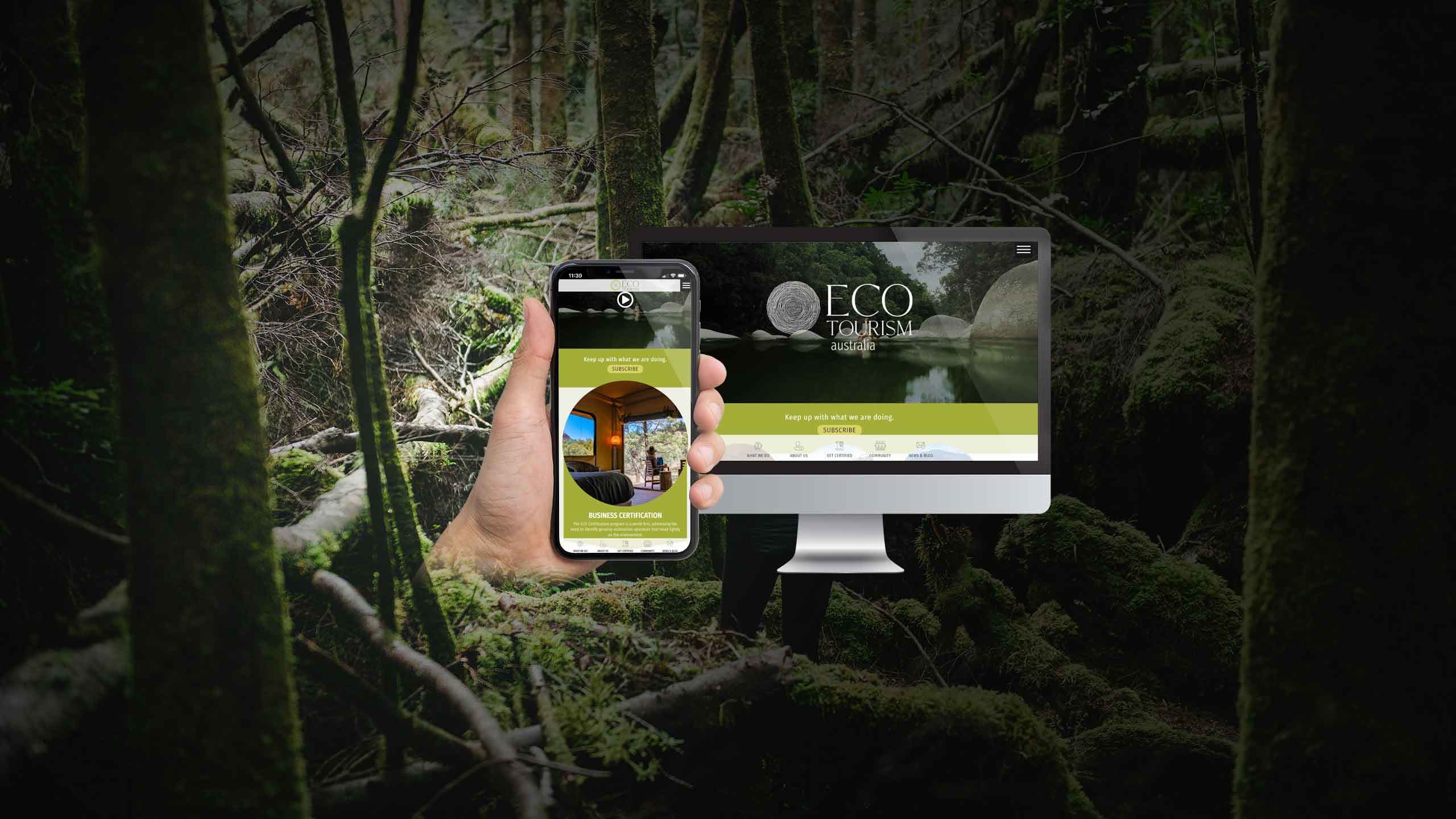Ecotourism Australia website homepage on desktop and mobile over a forest background