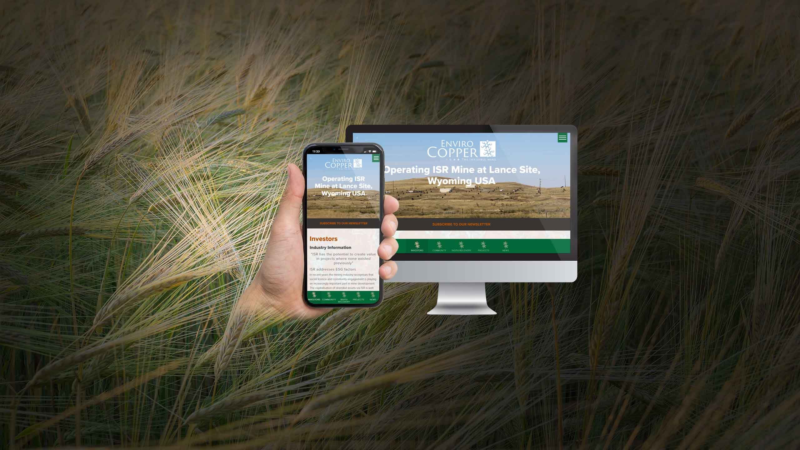 Enviro Copper website Investors page on desktop and mobile, set against a wheat field