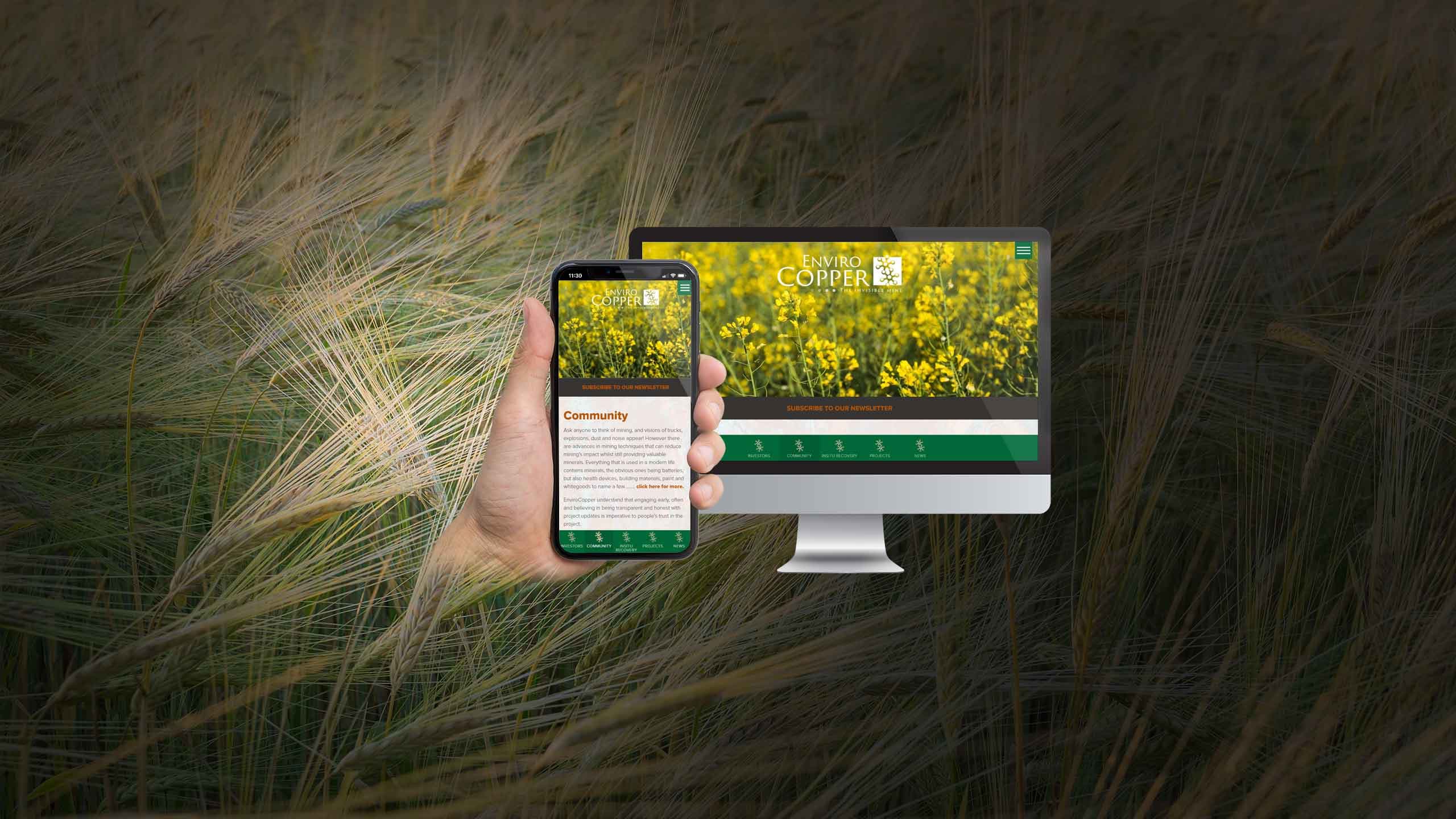 Enviro Copper website Community page on desktop and mobile, set against a wheat field