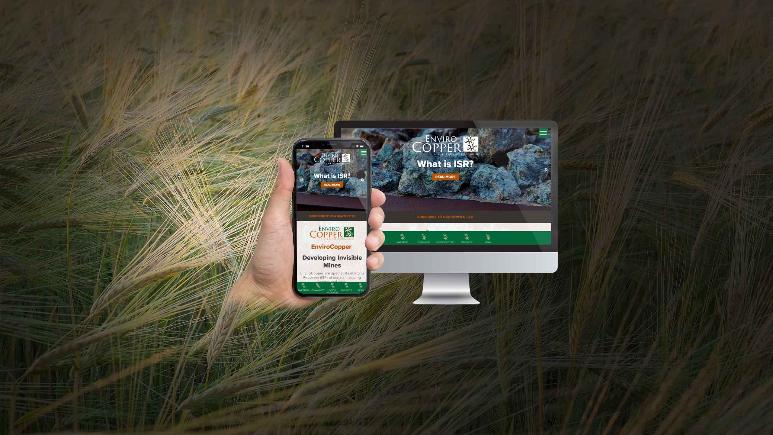Enviro Copper website homepage on desktop and mobile, set against a wheat field
