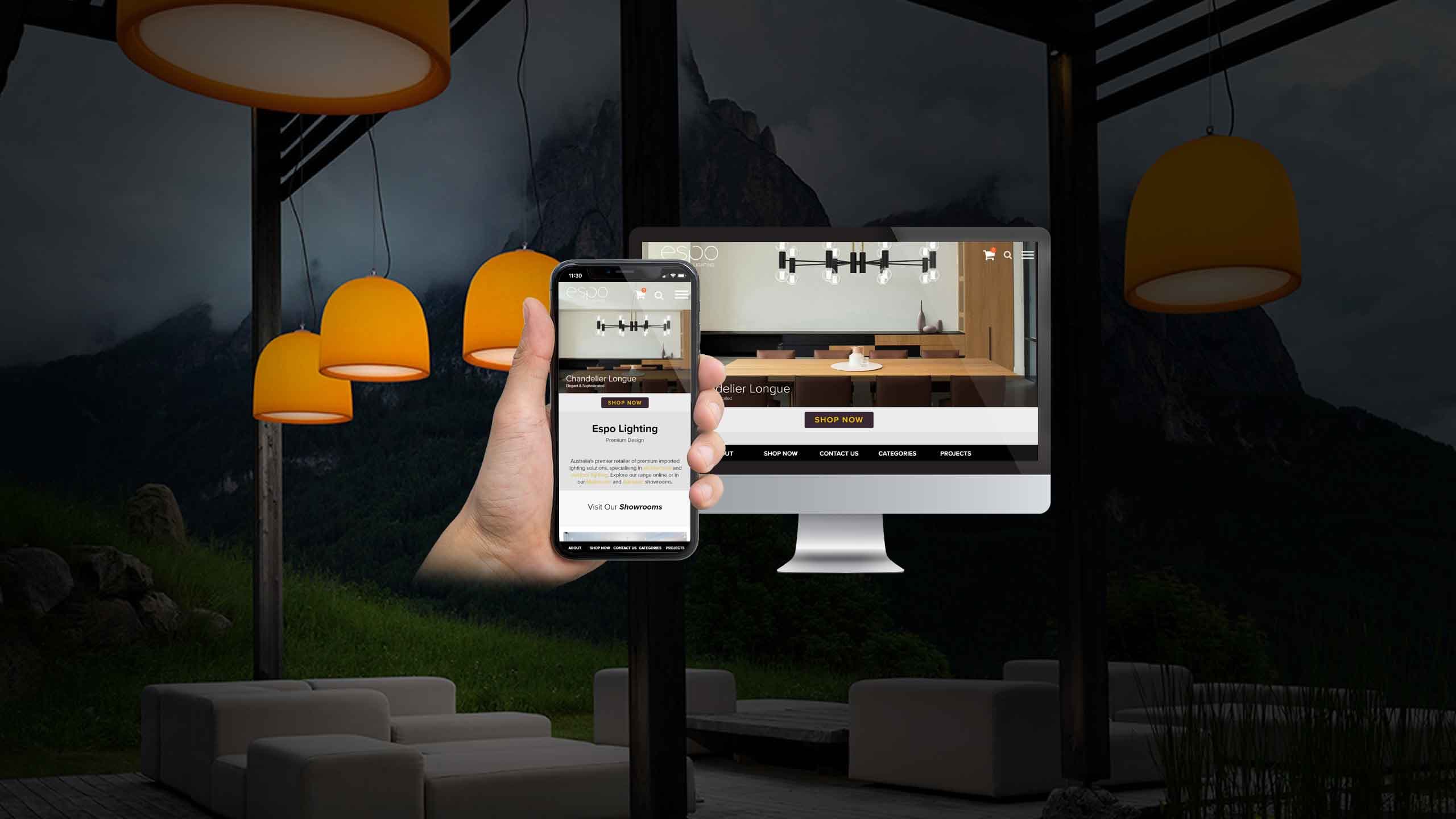 Espo Lighting website shown on a desktop monitor and smartphone amid pendant lights on an outdoor deck