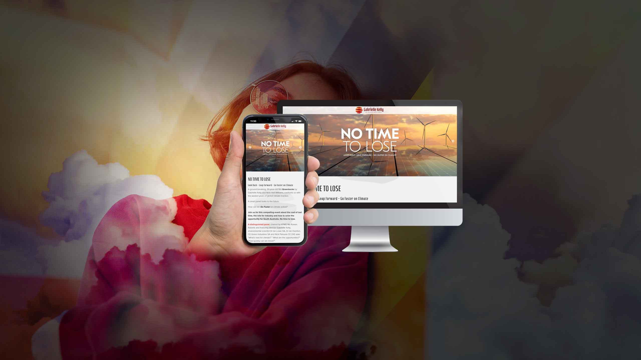 Gabrielle Kelly homepage on desktop and mobile screens over a climate-themed portrait