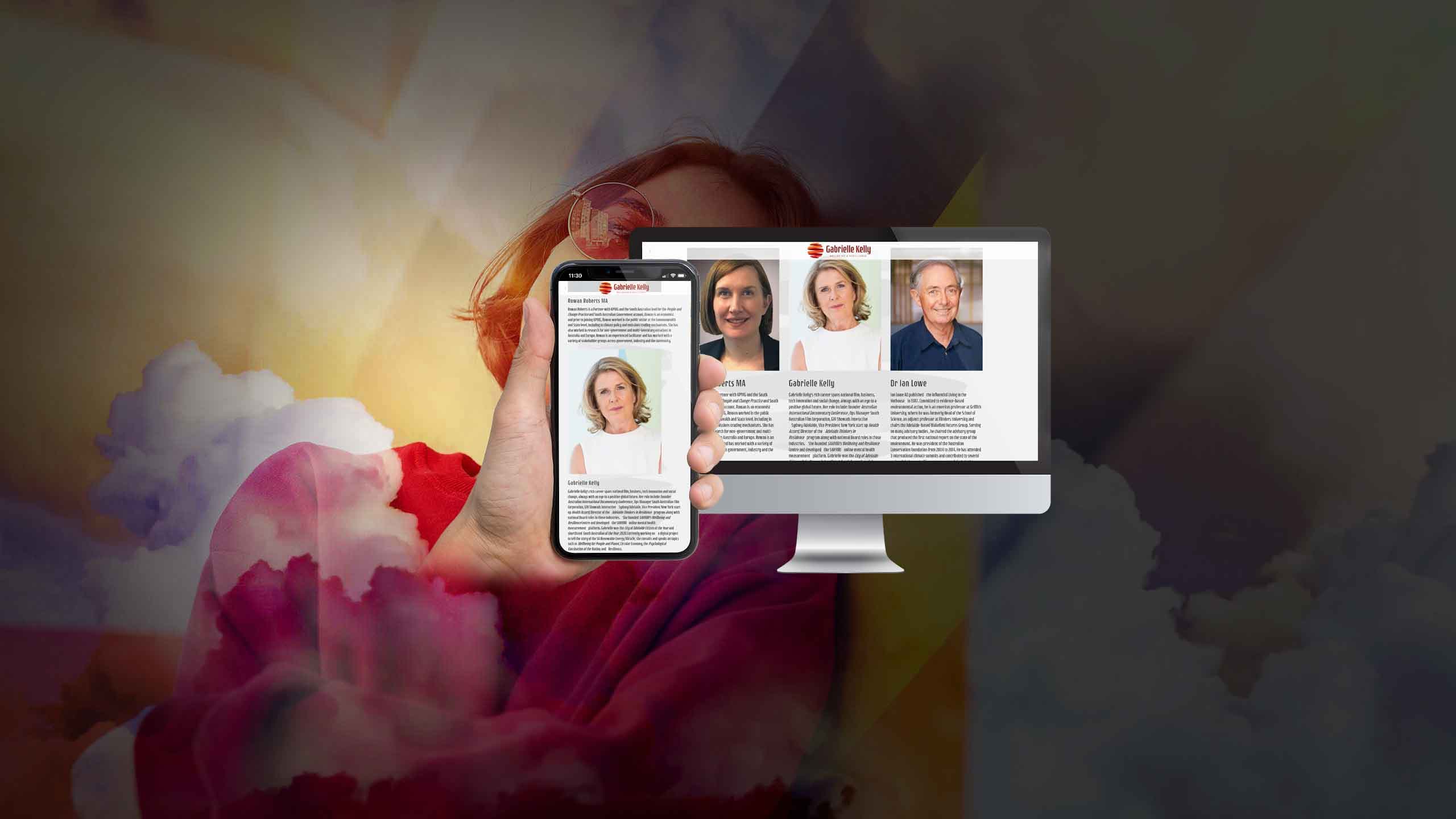 Gabrielle Kelly team profile page on desktop and mobile screens over a climate-themed portrait