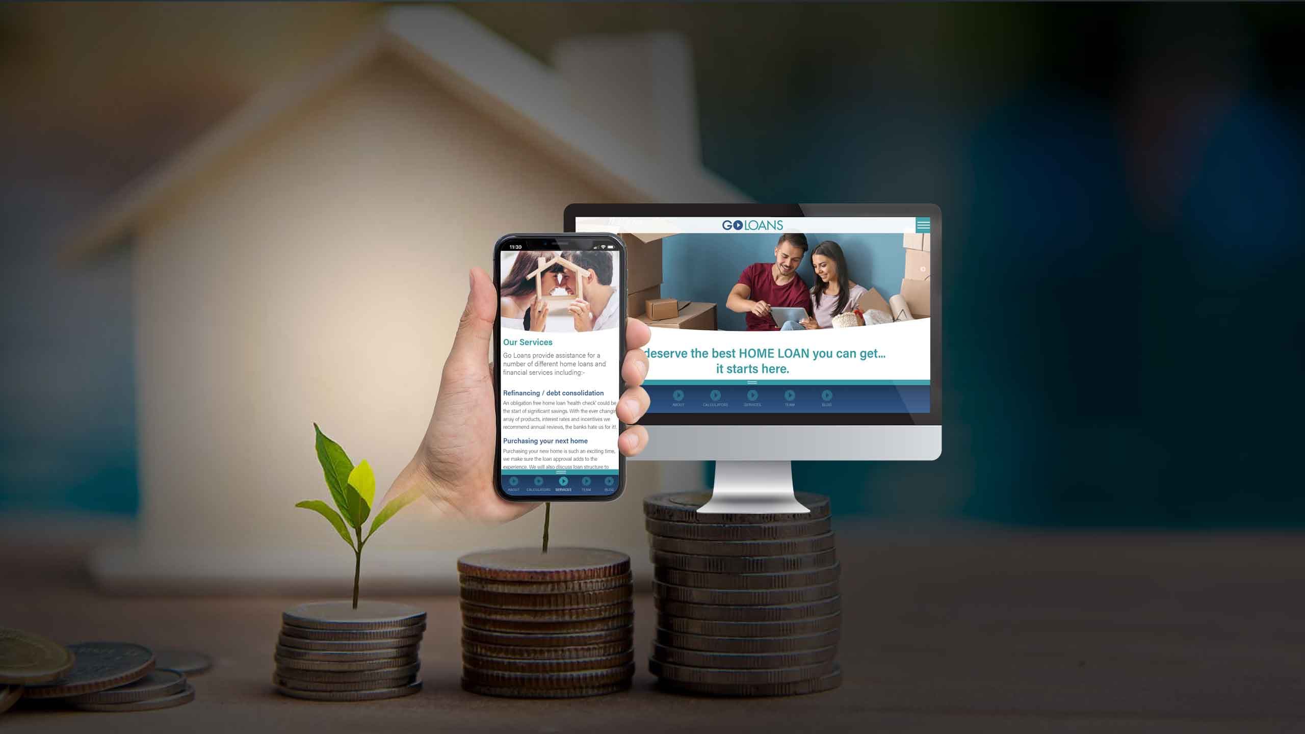 Go Loans website Services page displayed on a smartphone and desktop monitor