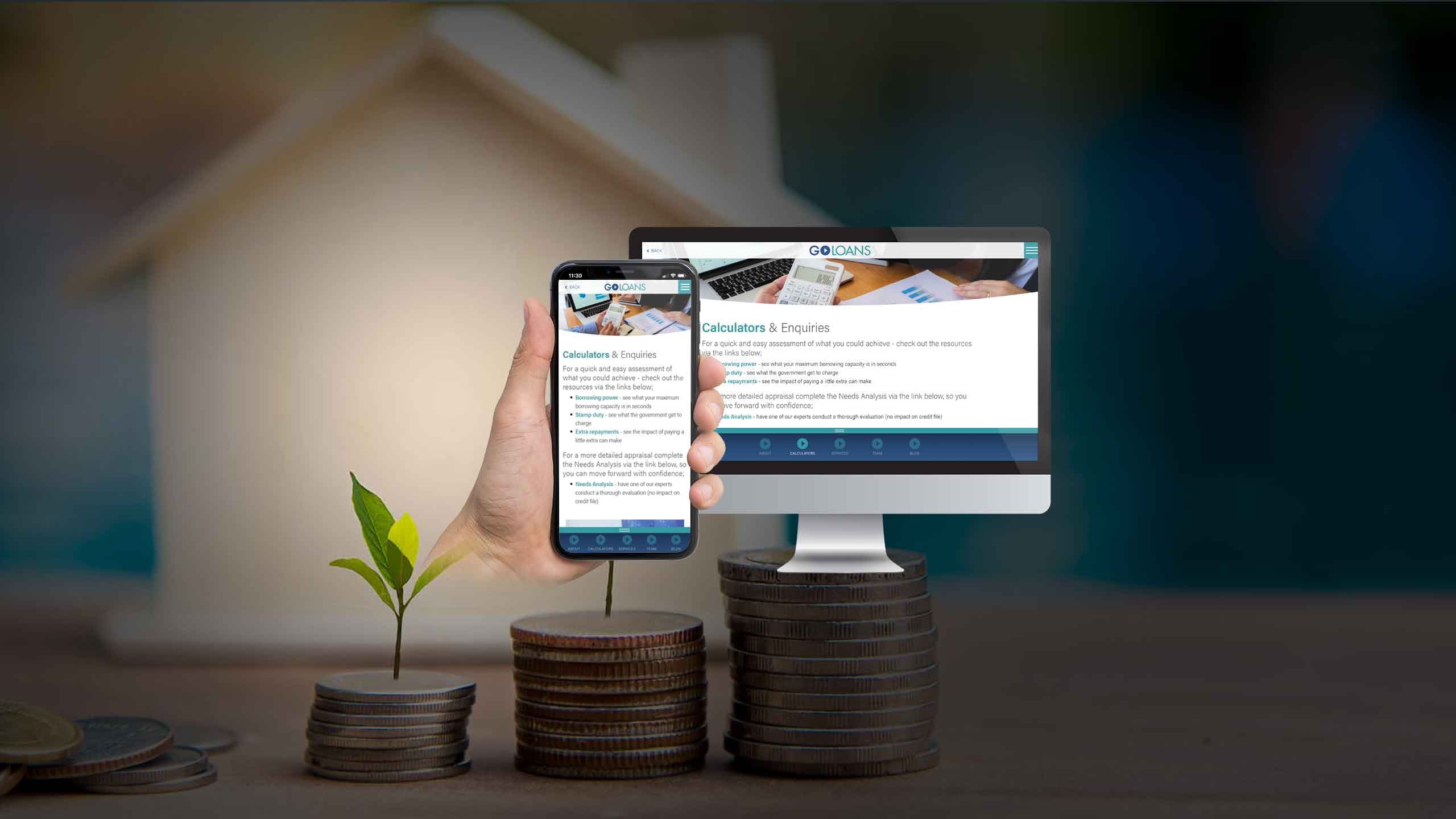 Go Loans website Calculators and Enquiries page displayed on a smartphone and desktop monitor