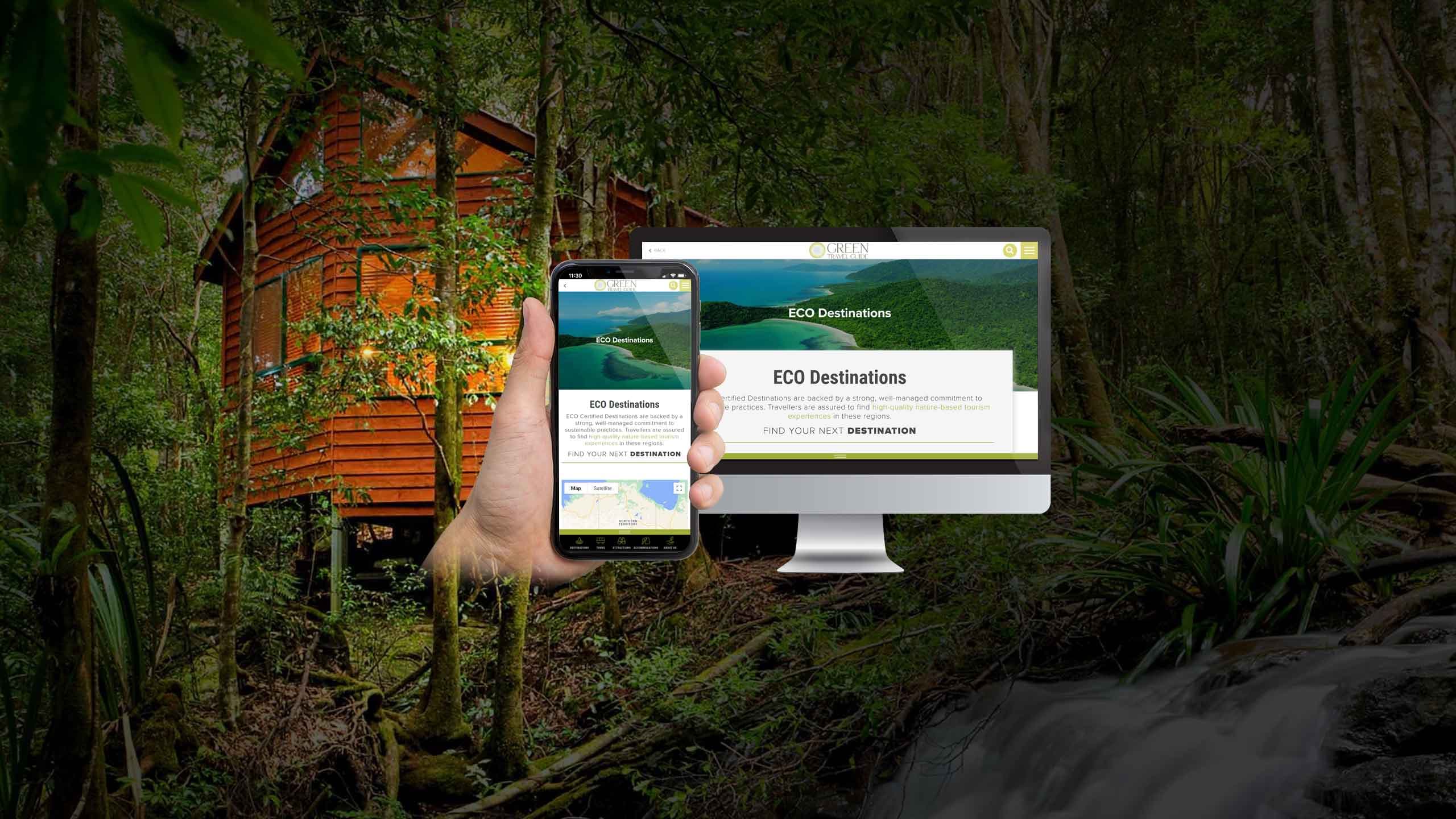 Green Travel Guide Eco Destinations page displayed on a desktop monitor and smartphone in a forest setting