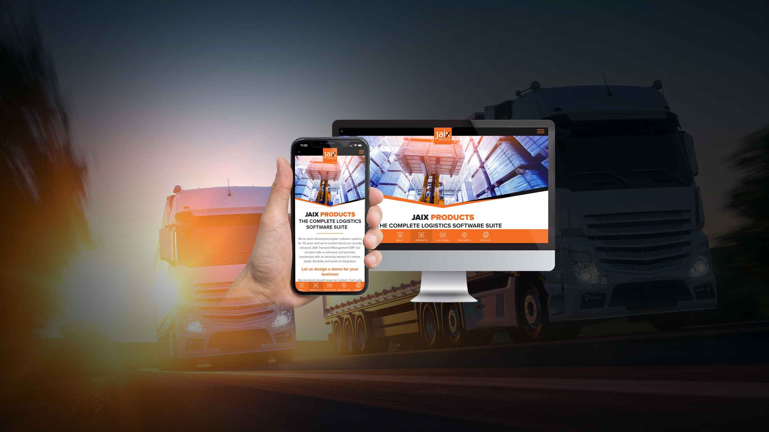 JAIX Products page displayed on a desktop monitor and smartphone over a highway truck scene