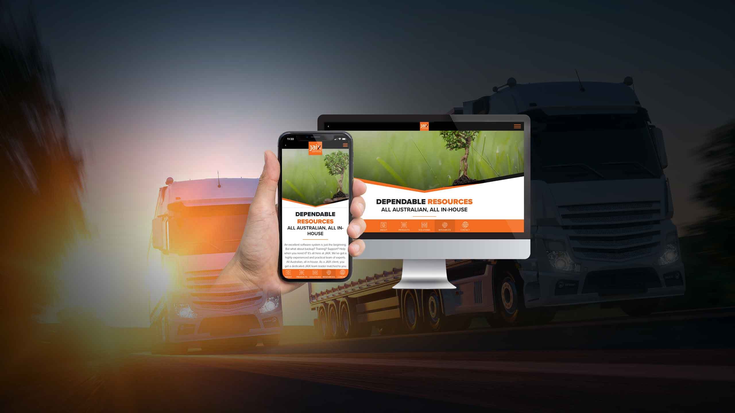 JAIX Dependable Resources page displayed on a desktop monitor and smartphone over a highway truck scene