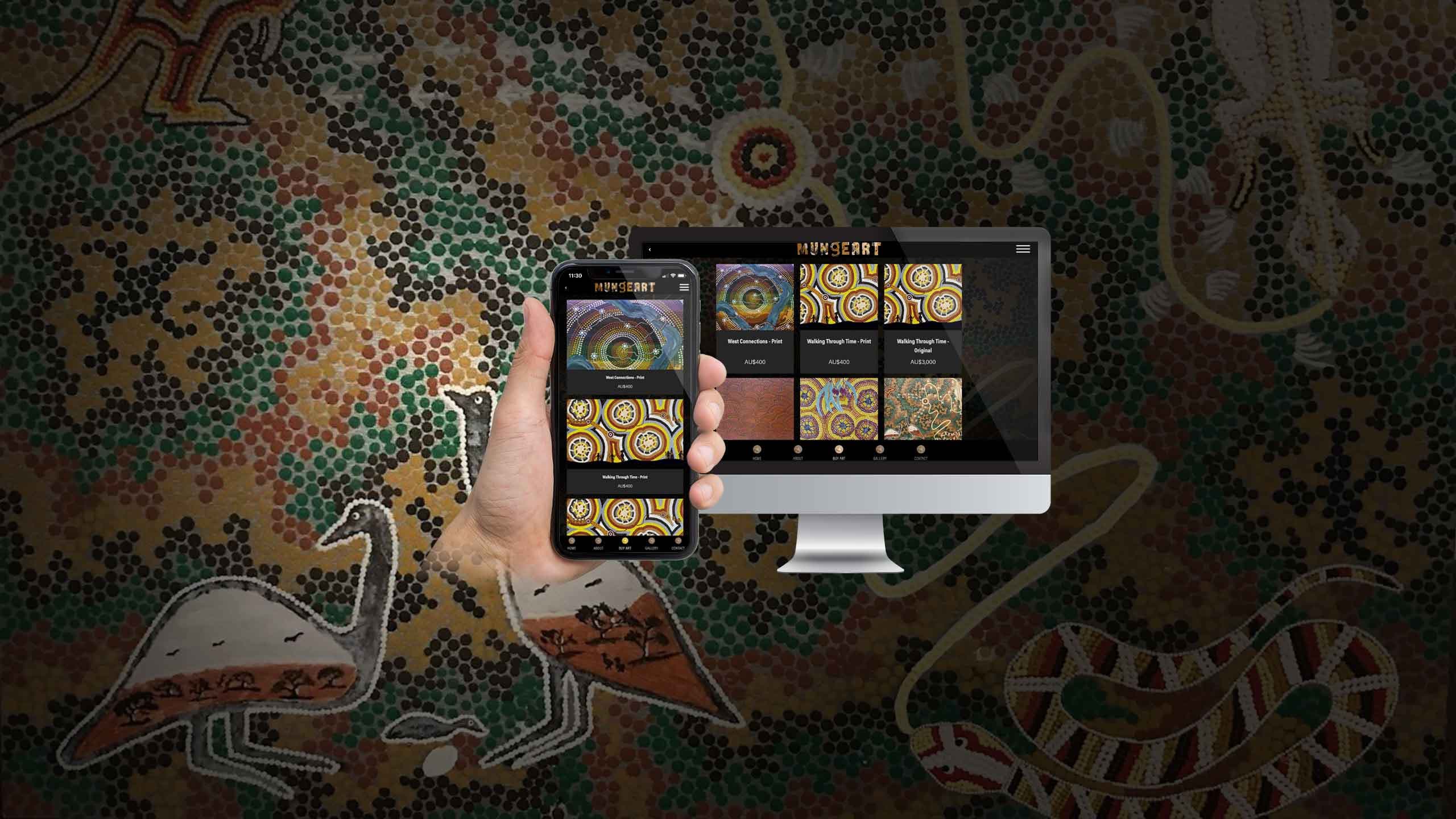 MungeArt online art shop page displayed on a desktop monitor and smartphone over an Aboriginal dot-art background