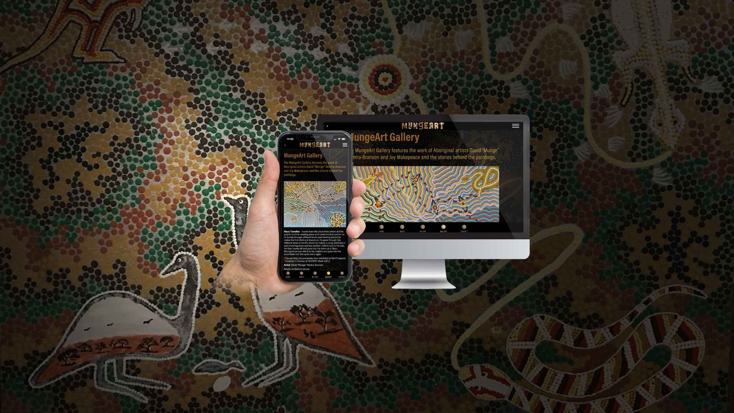 MungeArt Gallery page displayed on a desktop monitor and smartphone over an Aboriginal dot-art background