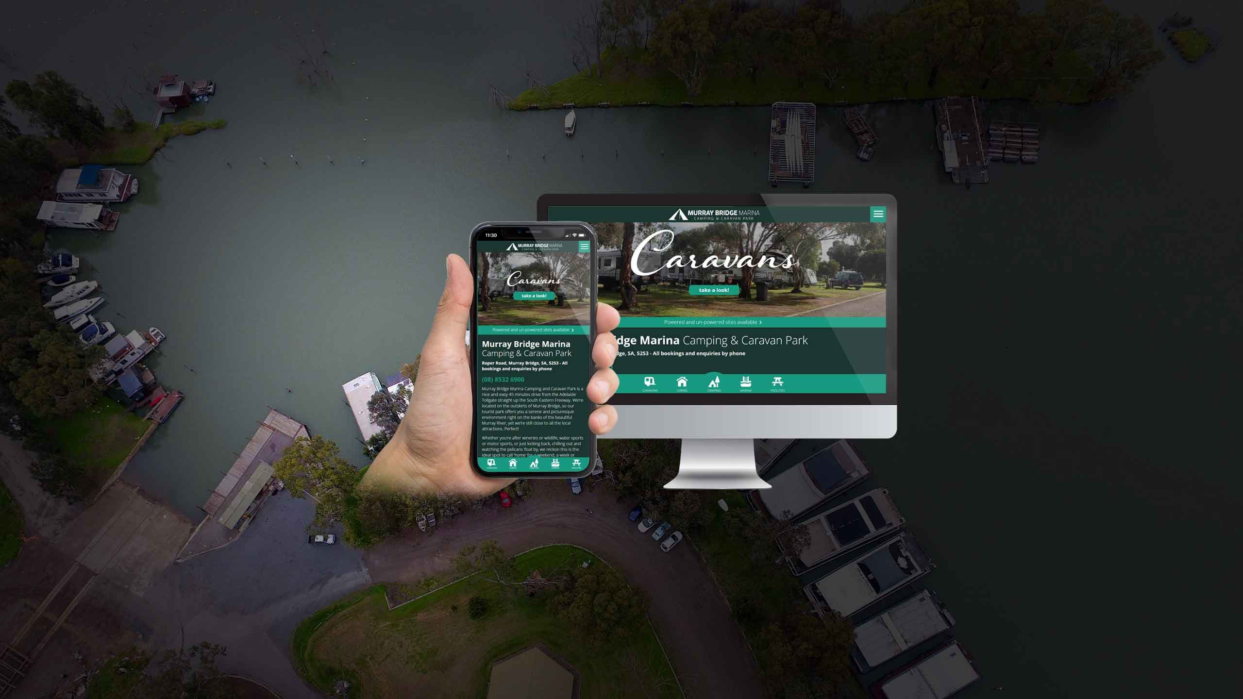 Murray Bridge Marina homepage displayed on a desktop monitor and smartphone over an aerial marina view